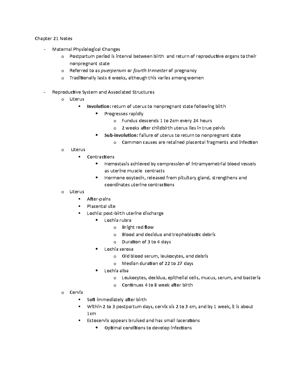 Chapter 21 Notes - Chapter 21 Notes - Maternal Physiological Changes O 