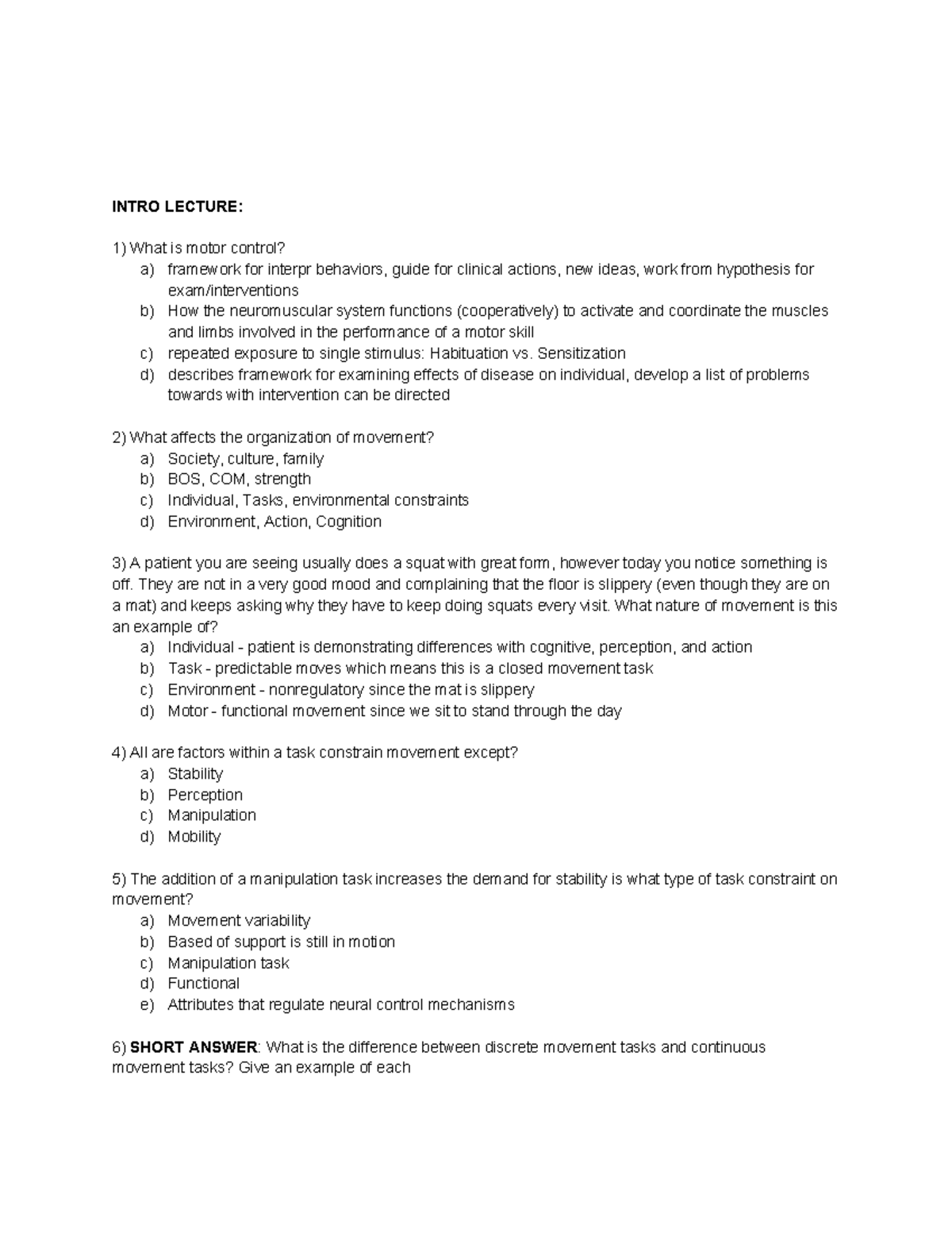 Motor Control - Practice Exam 1 - INTRO LECTURE: What Is Motor Control ...