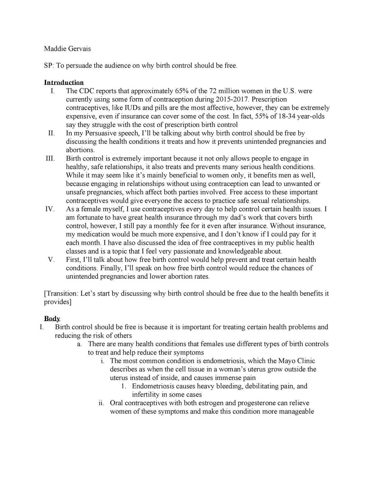 birth control persuasive speech outline