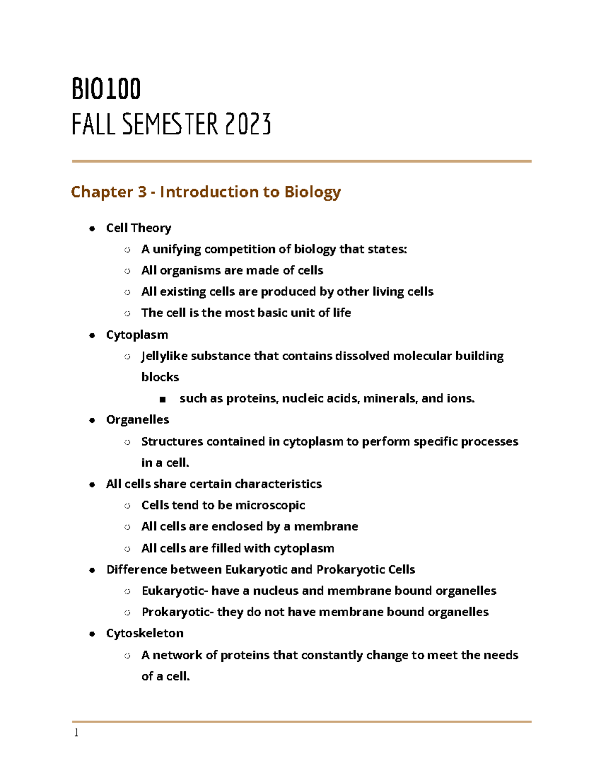 Chapter 3 - BIO FALL SEMTER 2023 Chapter 3 - Introduction to Biology ...