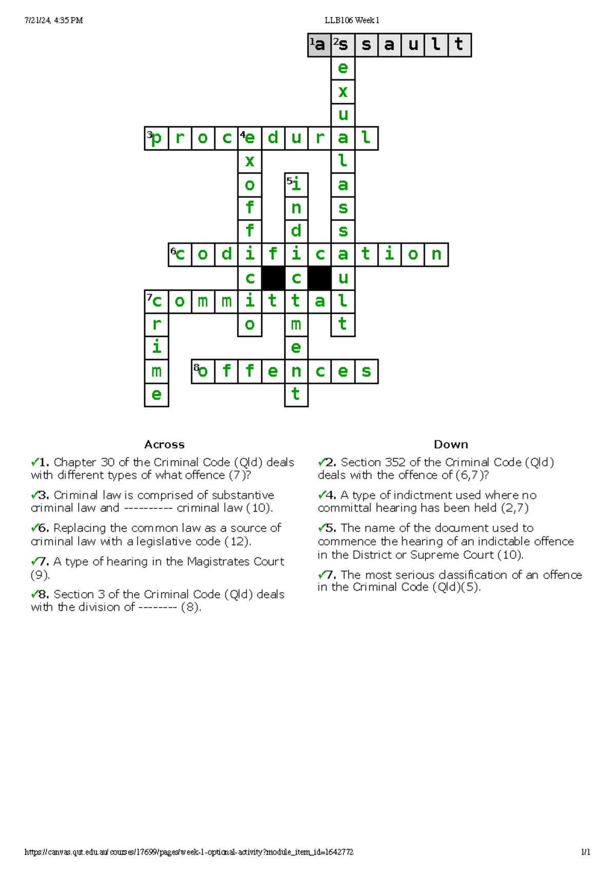 Week 1 Optional Activity LLB106 24se2 Criminal Law - Across 1. Chapter ...