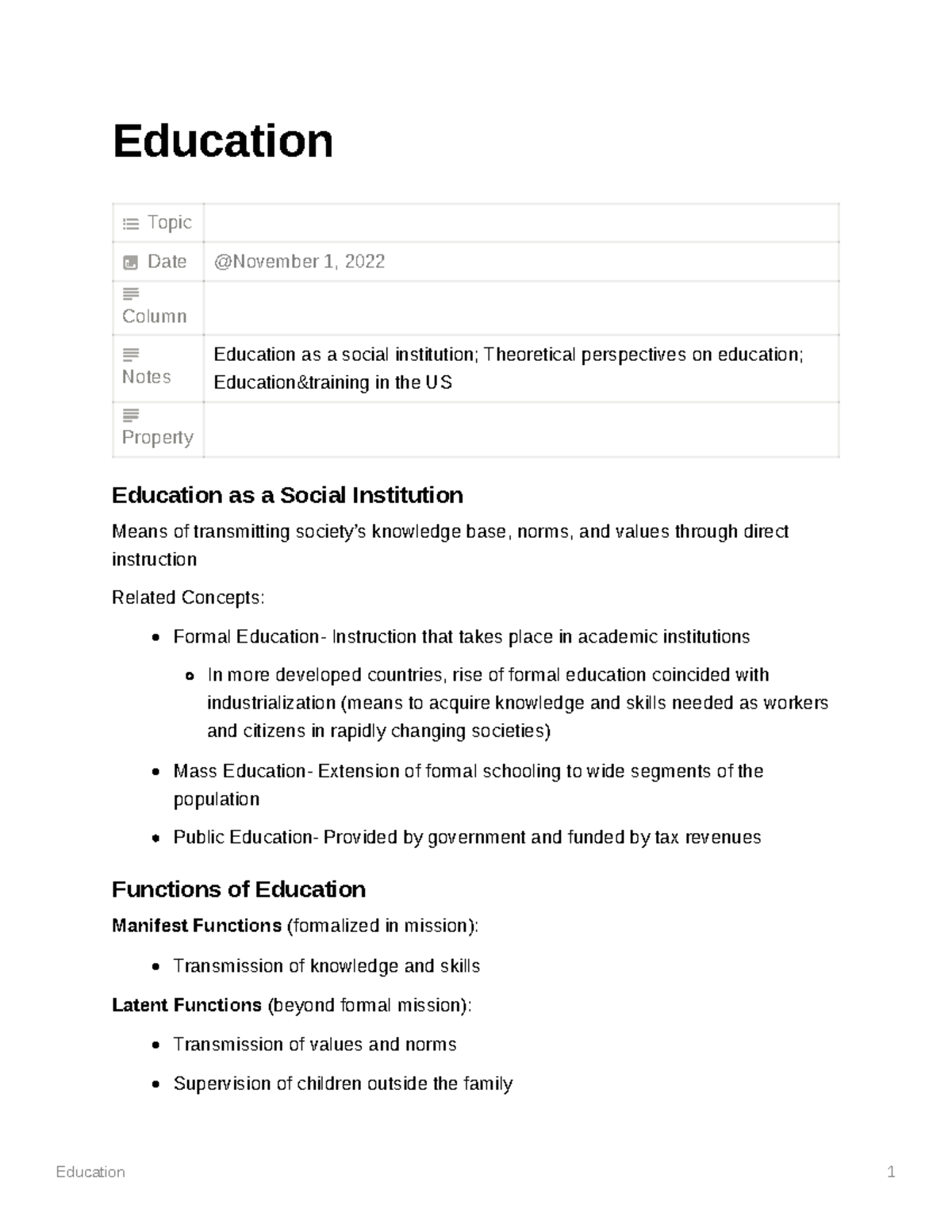 Education - Notes - Education 1 Education Topic Date Column Notes ...
