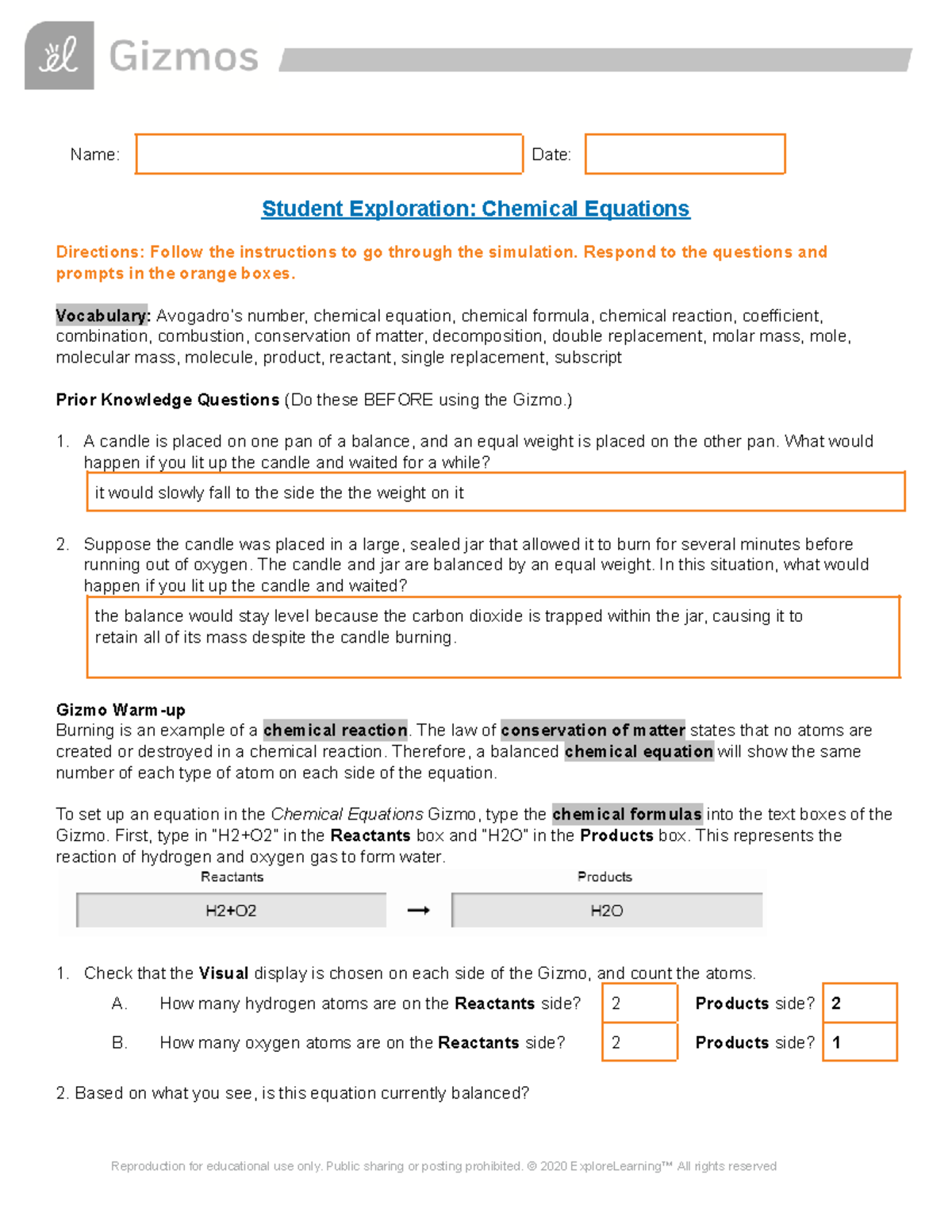 Balancing Equations Gizmo - Name: Date: Student Exploration: Chemical ...