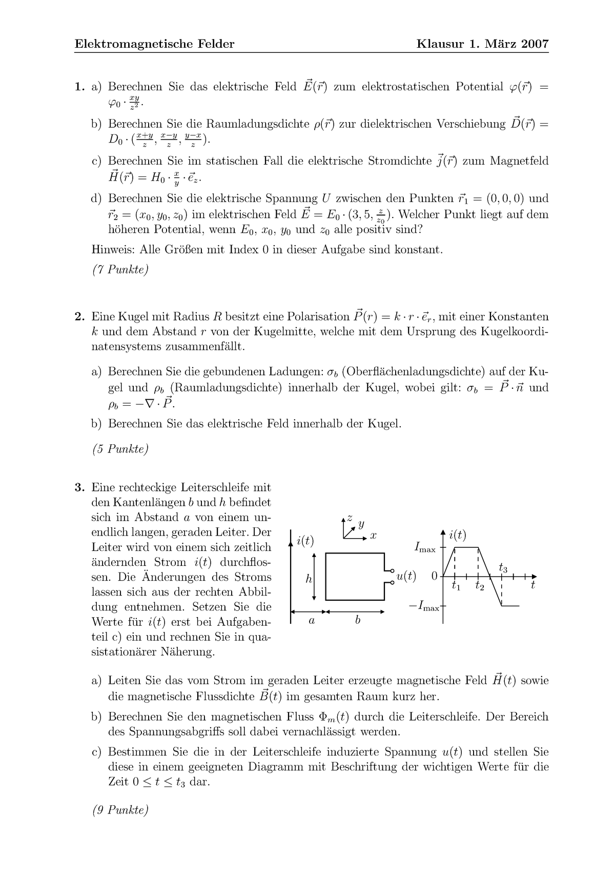 07f Altklausur Tu Braunschweig Elektromagnetische Felder Klausur Arz 07 Zum Elektrostatischen Potential Berechnen Sie Das Elektrische Feld Xy Studocu