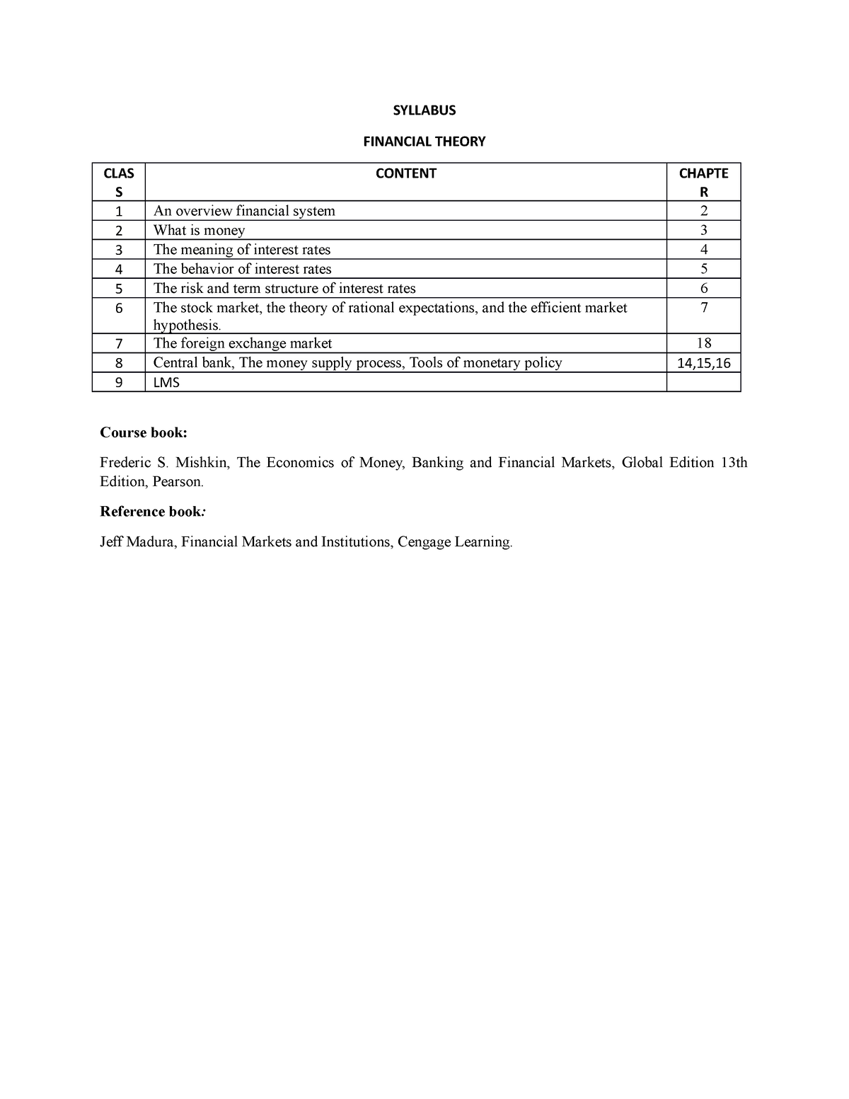 Syllabus - ffffffffffff - SYLLABUS FINANCIAL THEORY CLAS S ...