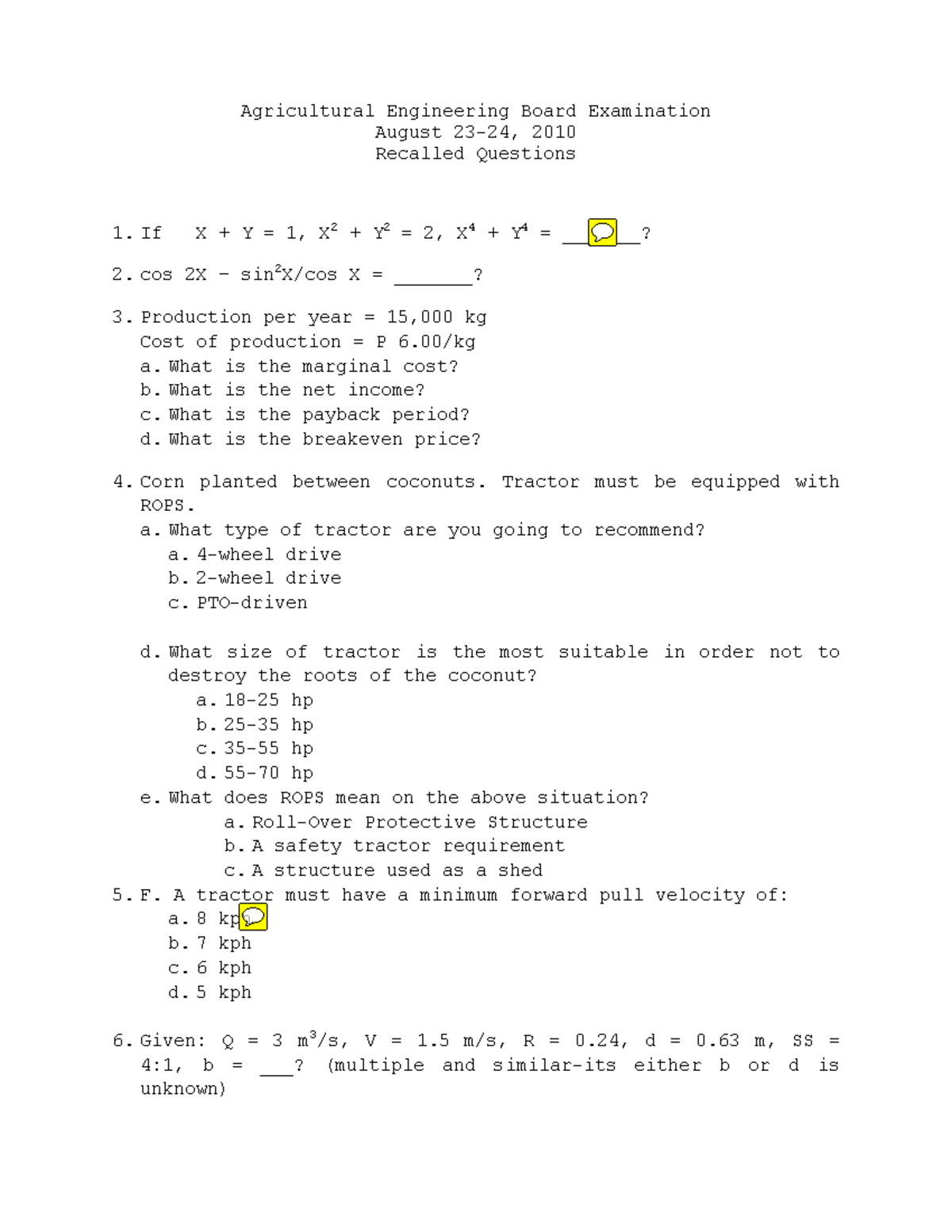 AE Board Exam 2010 Recalled Questions - Agricultural Engineering Board ...