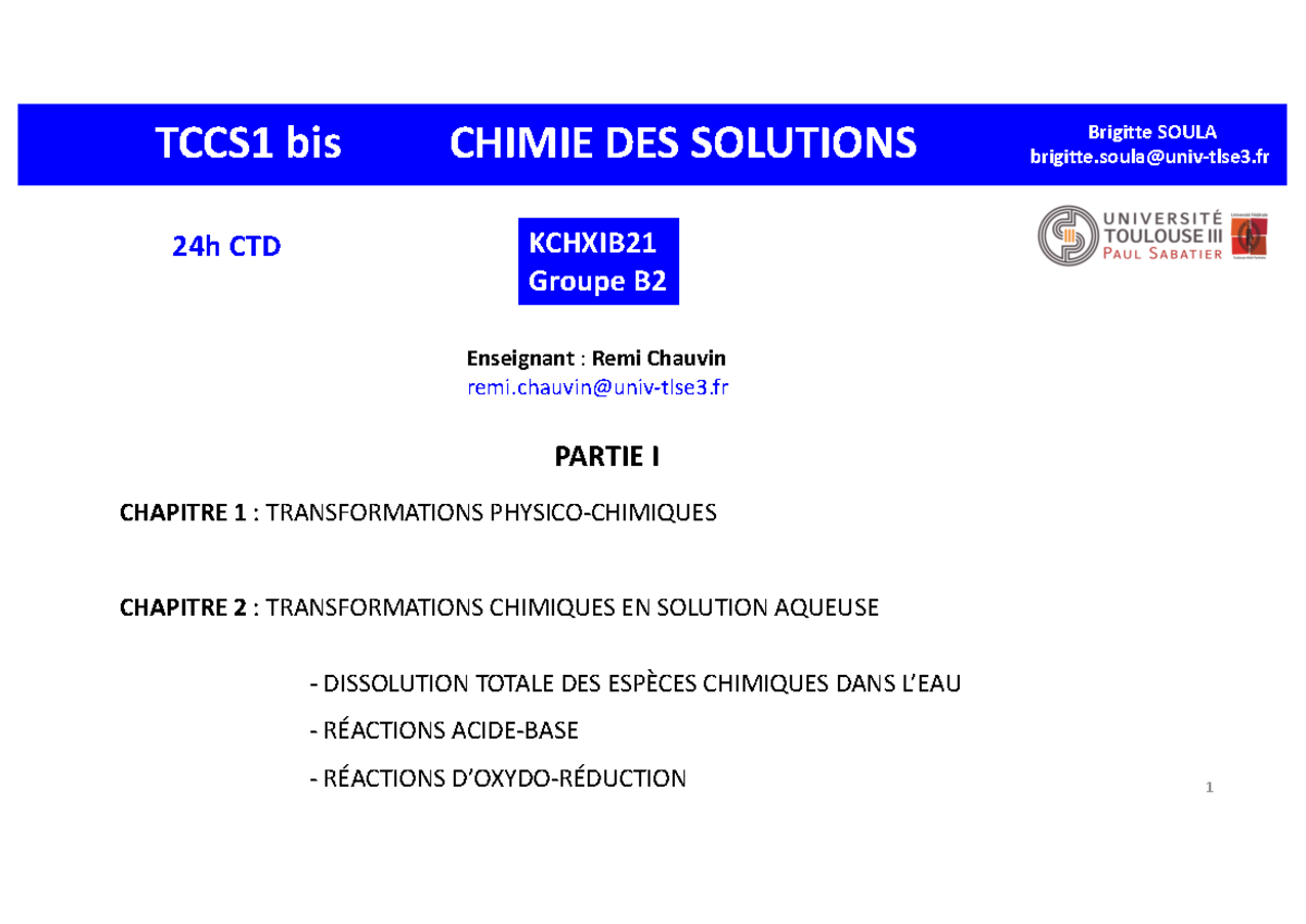 Chapitre 1 Enseignants Tccs1 Bis Ctd 1 Et 2 R C Tccs1 Bis Chimie Des Solutions Chapitre 1