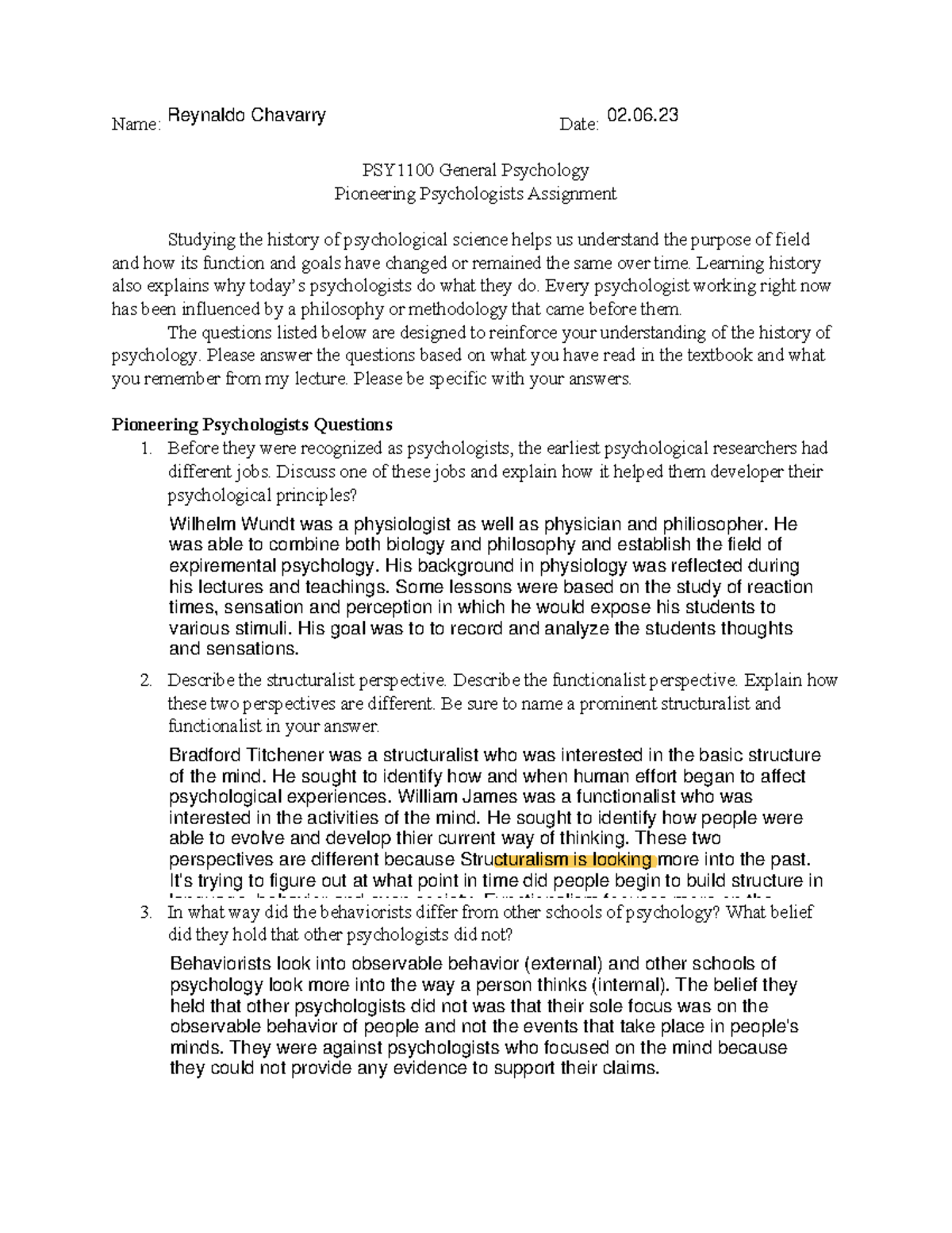 Pioneering Psychologists Assignment - Name: Date: PSY1100 General ...