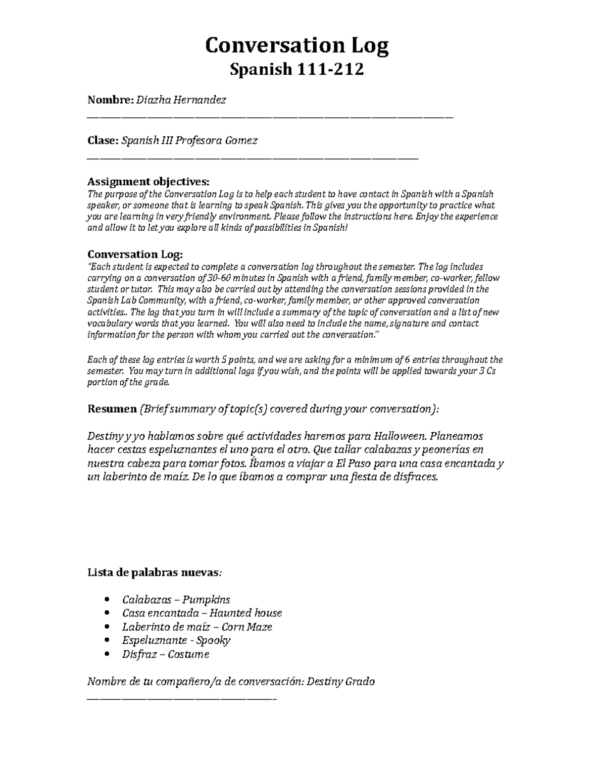 Conversation+Log 3 copy - Conversation Log Spanish 111- Nombre: Diazha ...