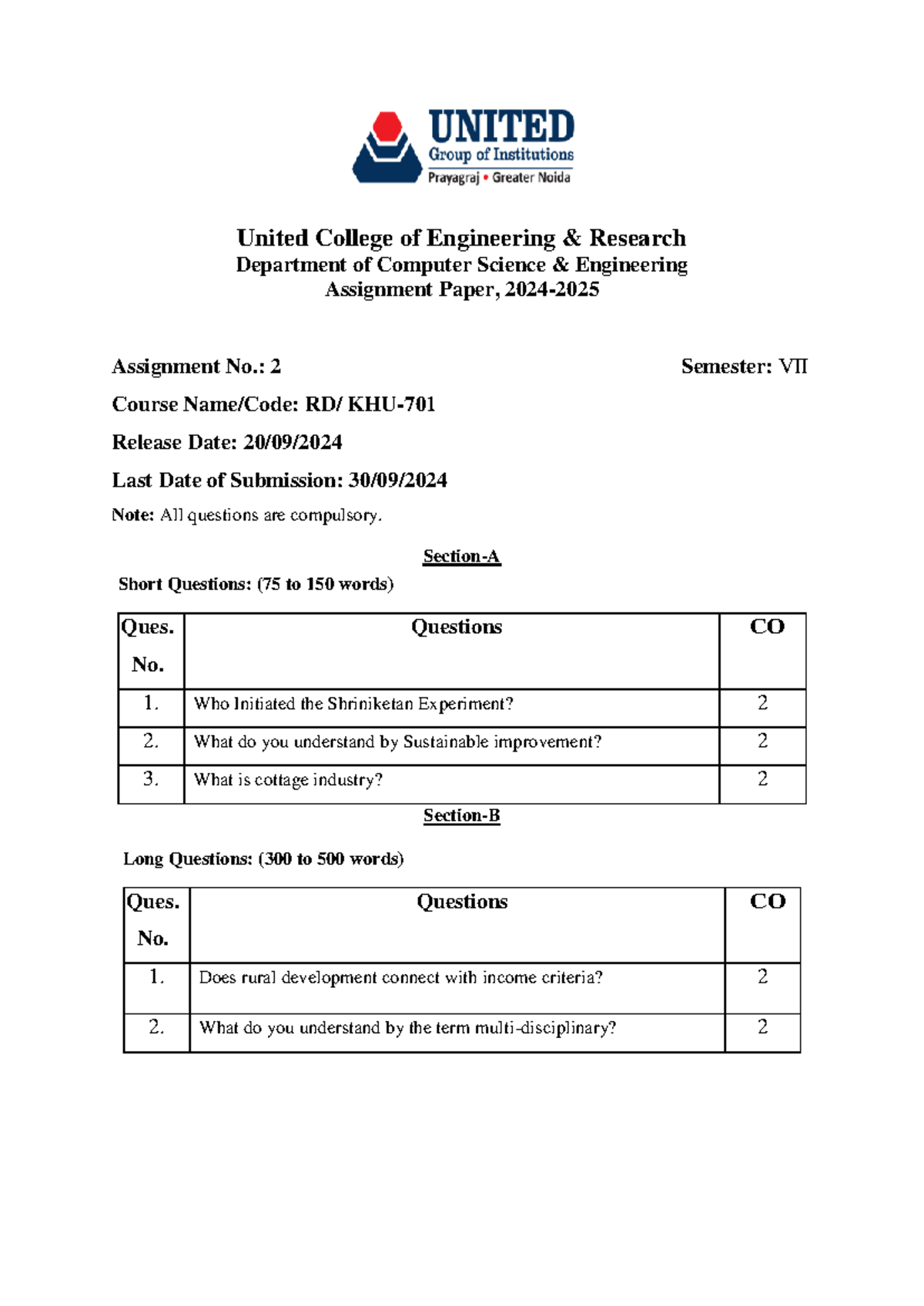 Assignment RD 2 - notes - United College of Engineering & Research ...