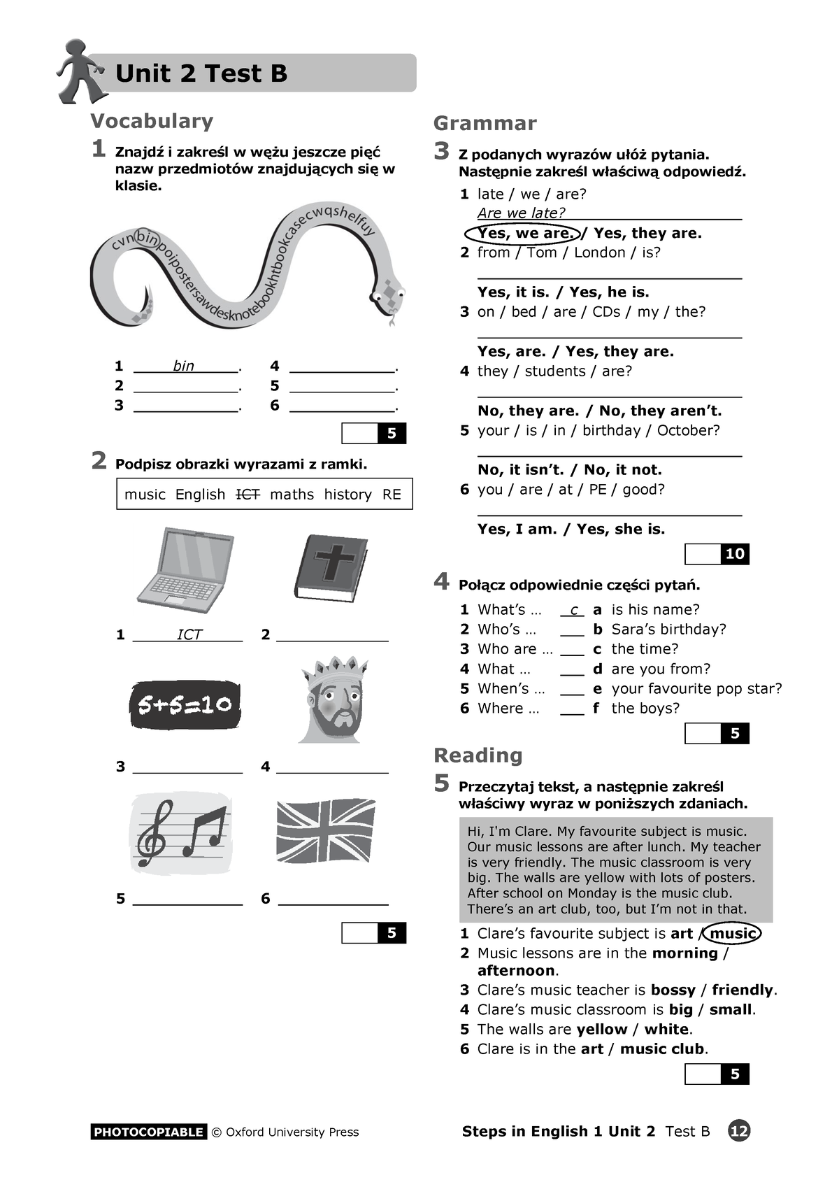 Steps In English 1 Unit 2 Test B - Unit 2 Test B PHOTOCOPIABLE © Oxford ...