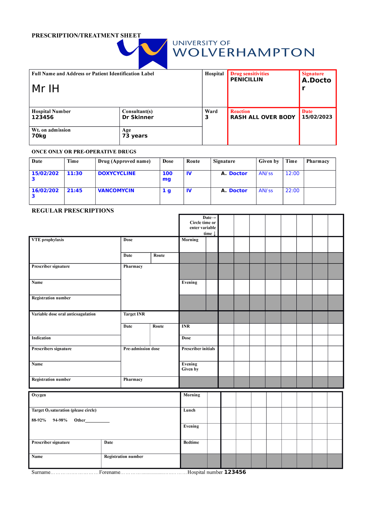 Drug chart template TDM - vancomycin - PRESCRIPTION/TREATMENT SHEET ...