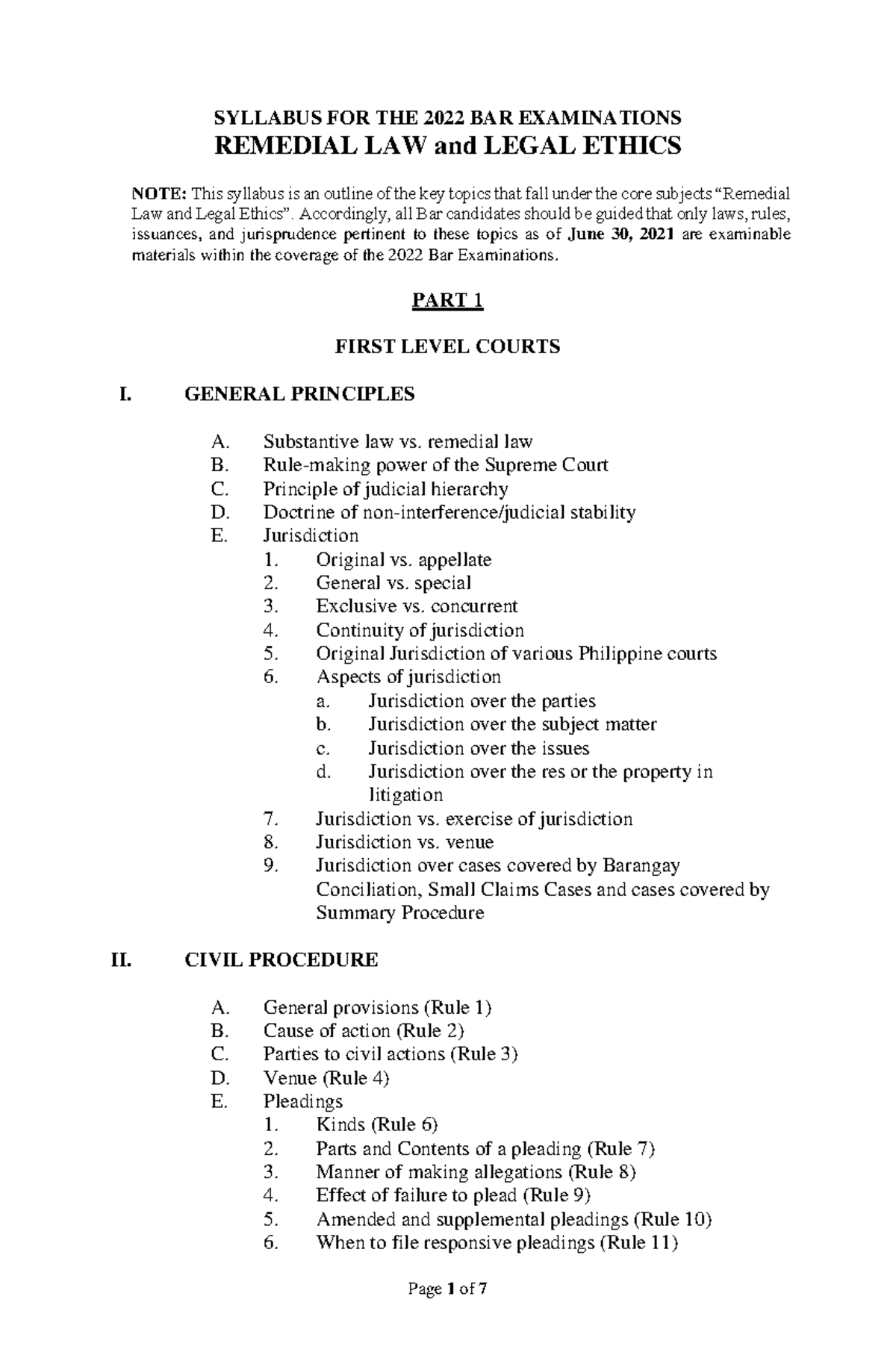 Remedial LAW AND Legal Ethics Syllabi FOR THE 2022 BAR Examinations