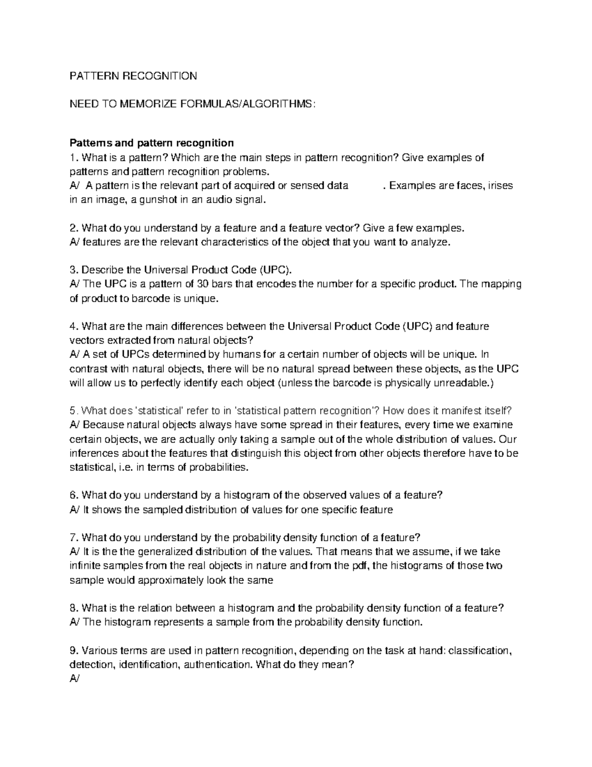 Control Questions + Solutions PATTERN RECOGNITION NEED TO MEMORIZE FORMULAS/ALGORITHMS