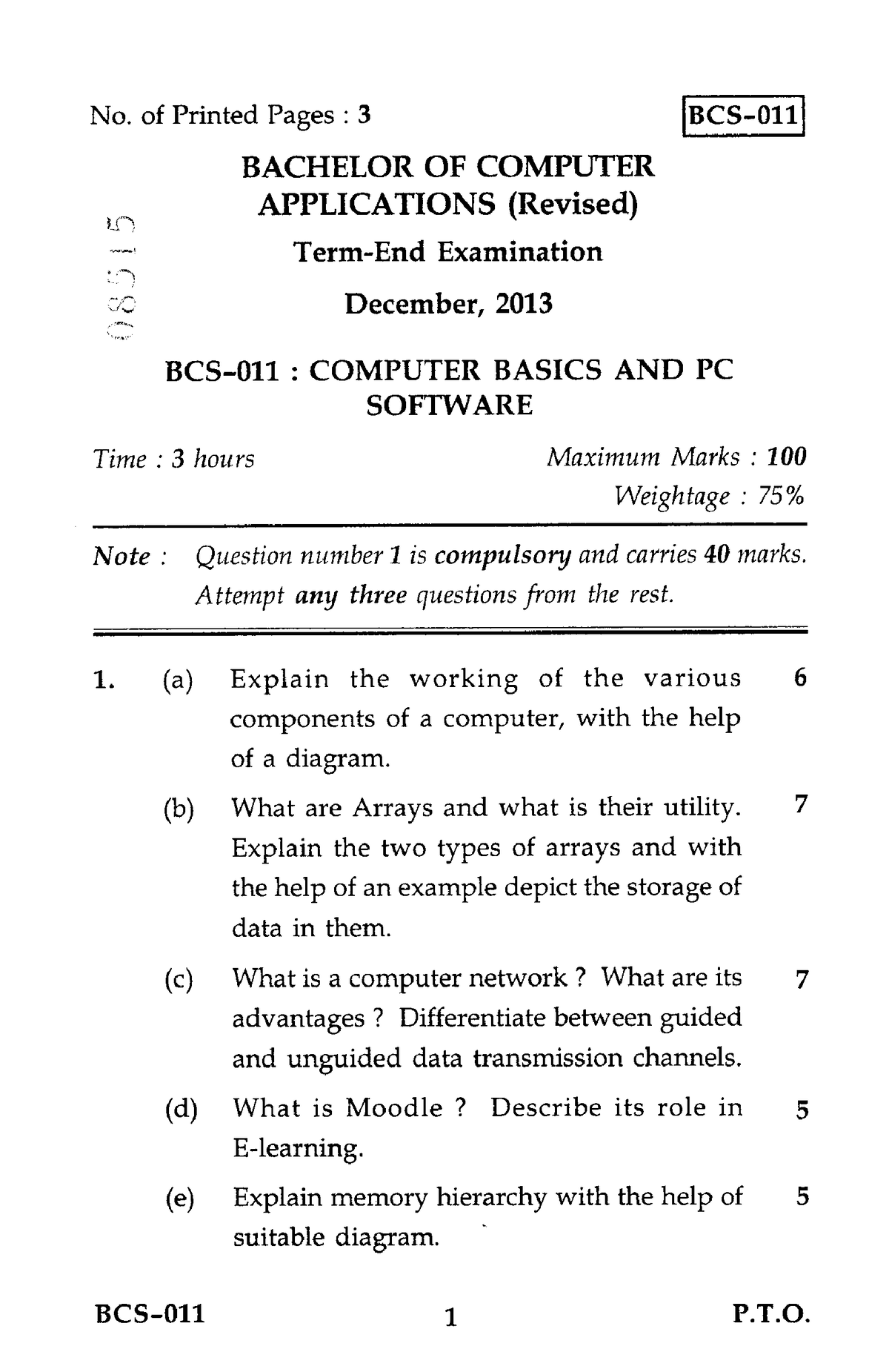 BCS-011 Dec 2013 - BCS-011 Dec 2013 Question Paper - No. Of Printed ...