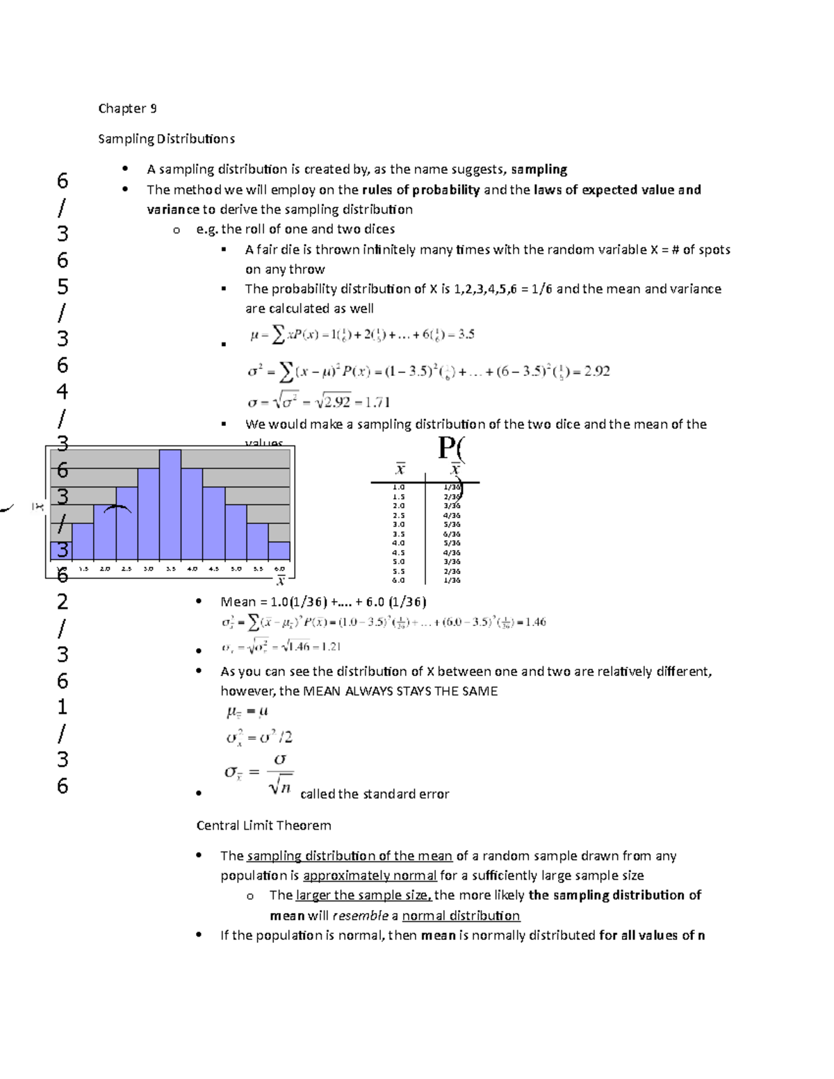 ADMS 2320 Chapter 9 - Sampling Distributions 6 / 3 6 5 / 3 6 4 / 3 6 3 ...