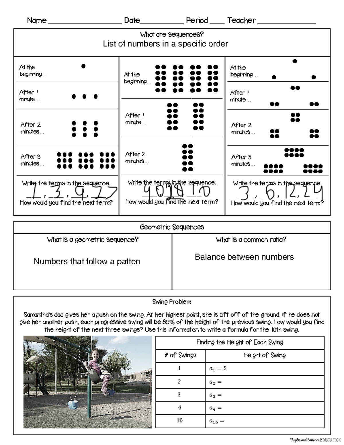 Introductionto Geometric Sequences Guided Note Taking Activities ...