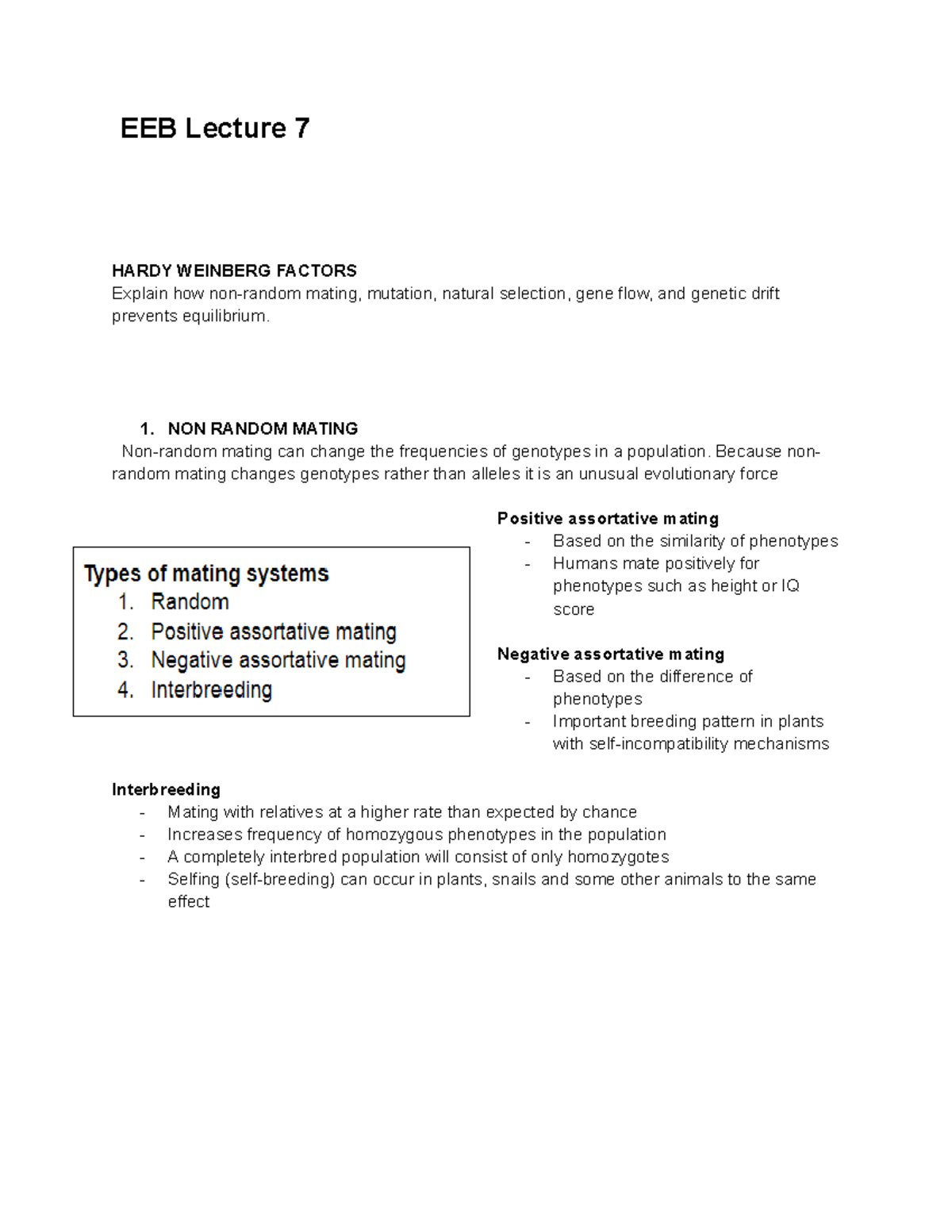 EEB Lecture 7 - 1. NON RANDOM MATING Non-random mating can change the ...