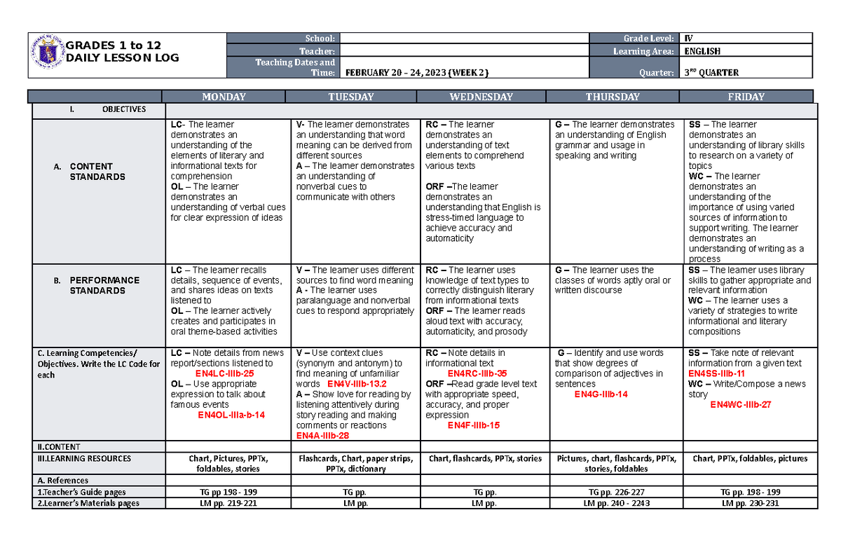 DLL English 4 Q3 W2 - GRADES 1 to 12 DAILY LESSON LOG School: Grade ...