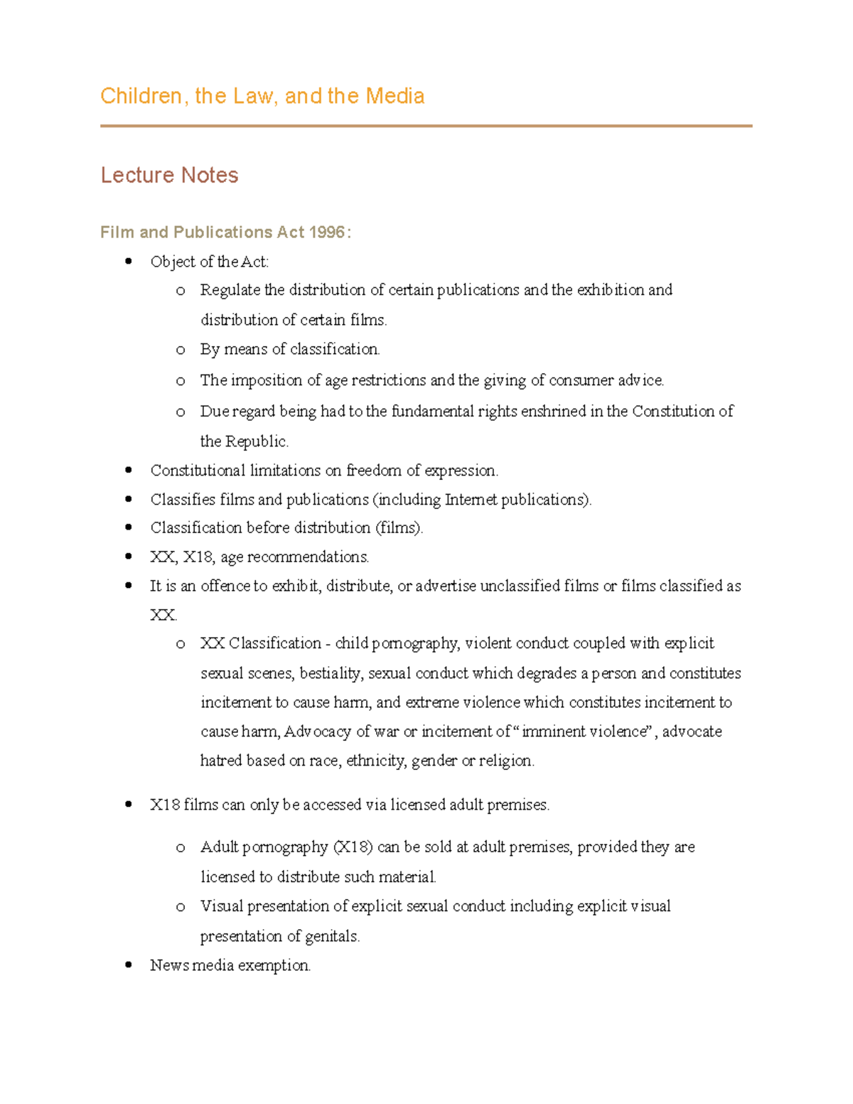 Lecture 15 and 16 - Exam notes - Children, the Law, and the Media ...