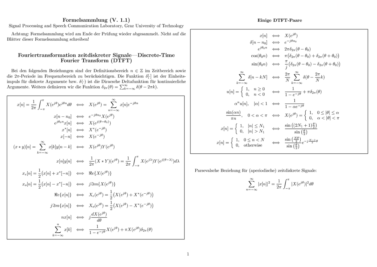 Formelsammlung Signalverarbeitung Studocu