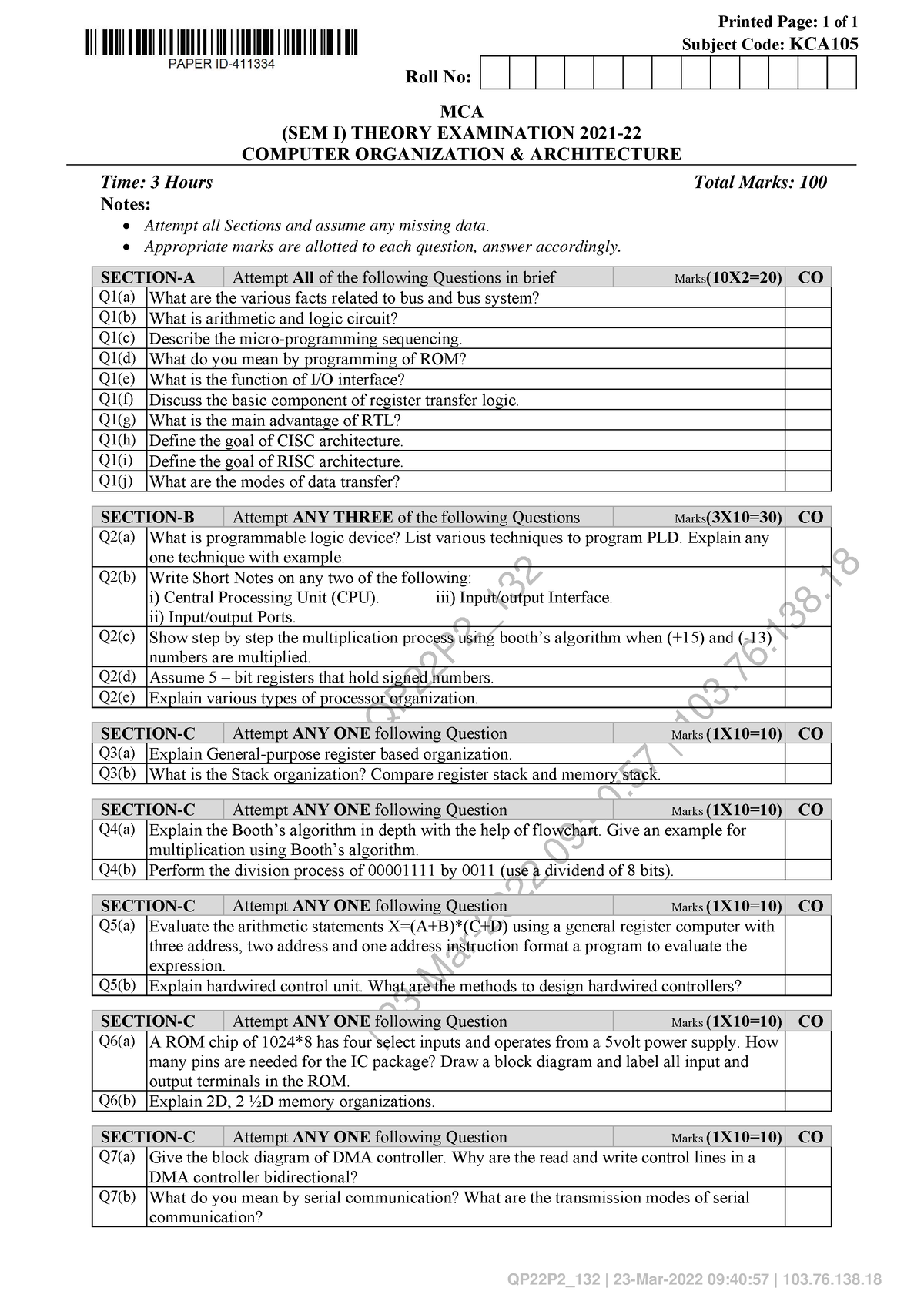 Mca 1 sem computer organization and architecture kca105 2022 - QP22P2 ...