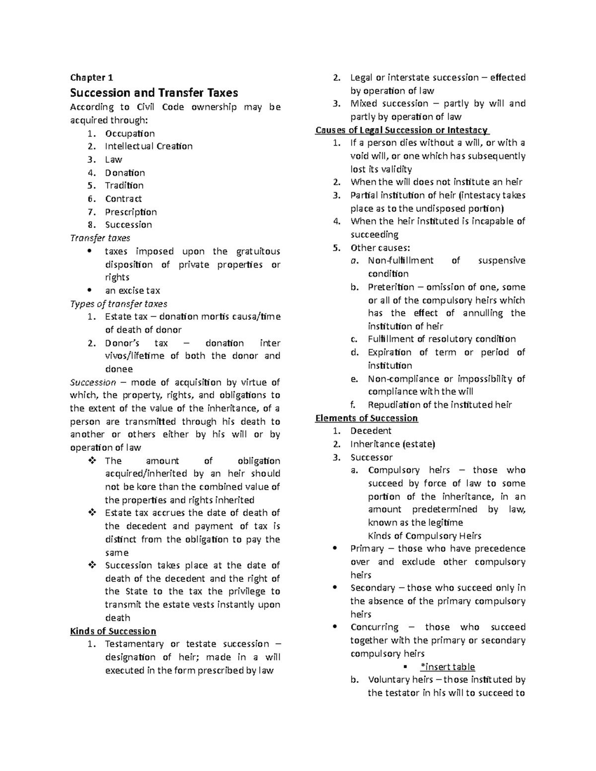 Taxation II Notes - Chapter 1 Succession And Transfer Taxes According ...