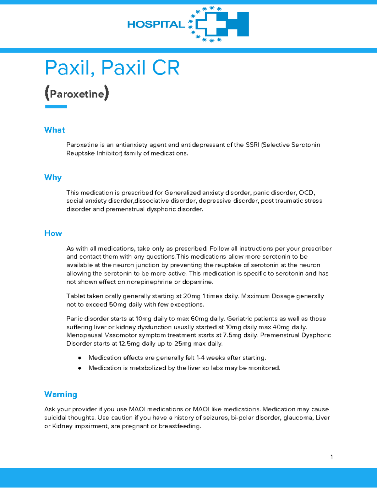 Paroxetine Education Flyer - Paxil, Paxil CR ( Paroxetine ) What ...