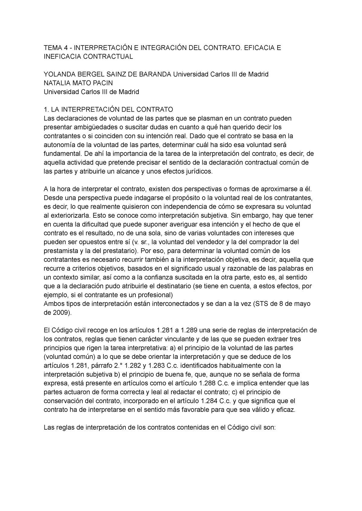 Tema 467 Tema 4 InterpretaciÓn E IntegraciÓn Del Contrato Eficacia E Ineficacia