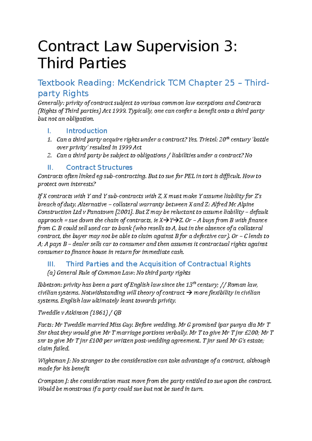 Cases and Readings Supervision 3 Contract Contract Law Third Parties