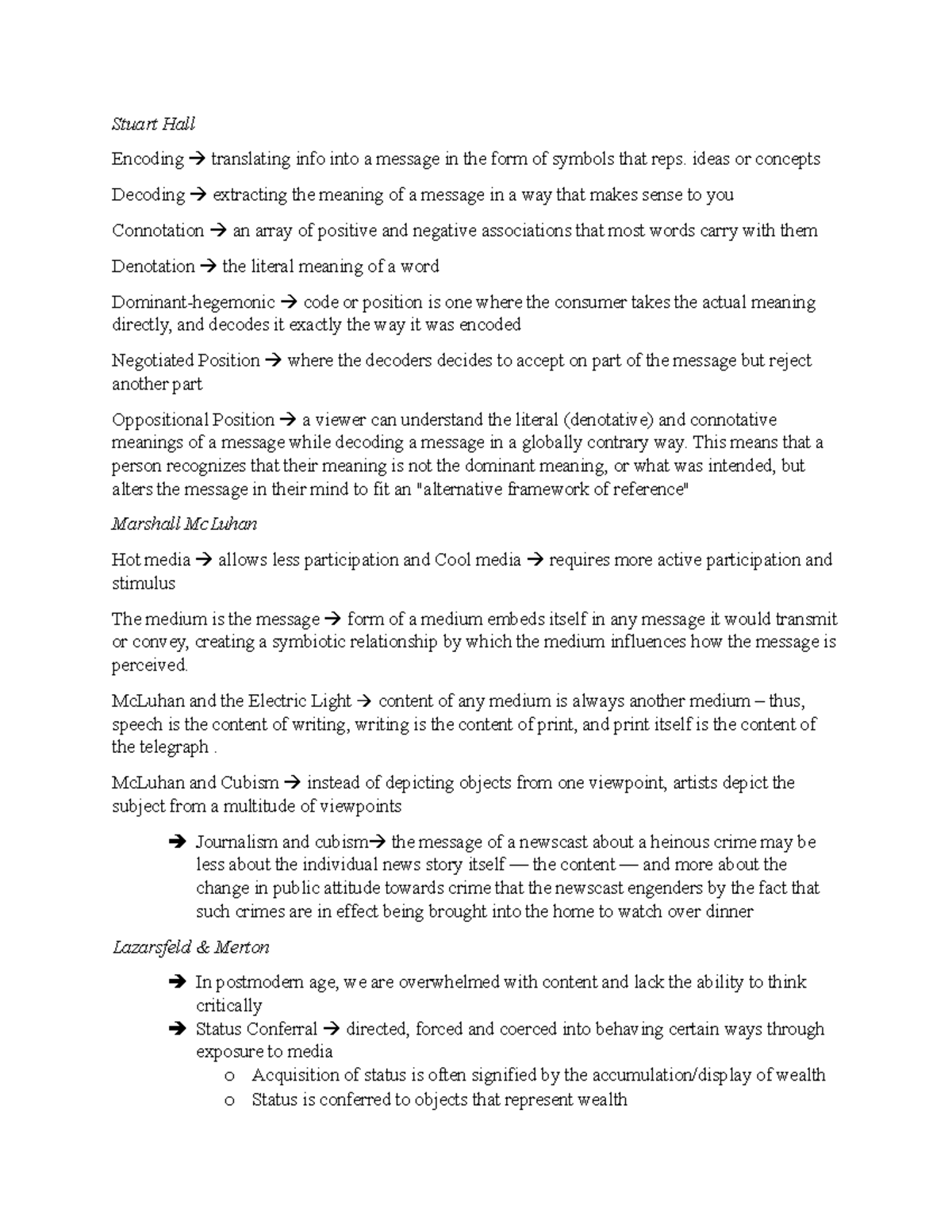 Theorists Breakdown Of Stuart Hall Marshall Mcluhan And Lazarsfeld Merton Studocu