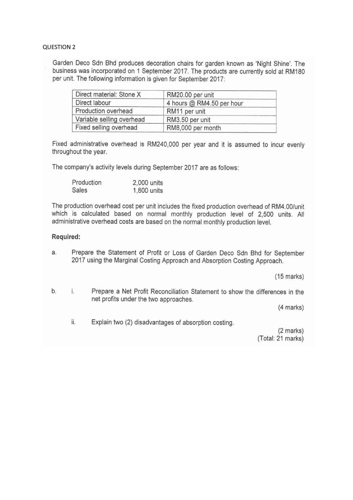 Question 2 - Marginal Costing and Absorption Costing - Introduction To ...