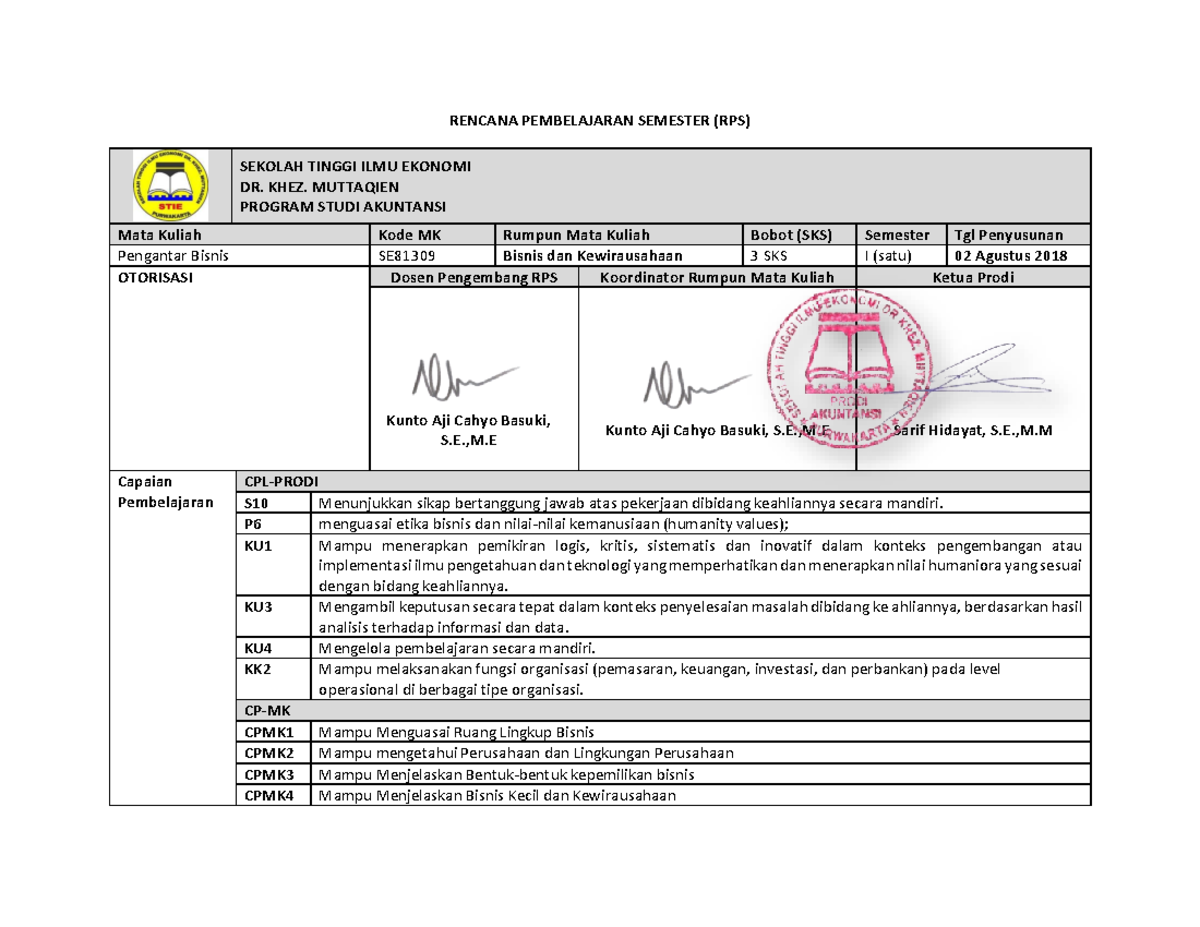 RPS Contoh Pengantar Bisnis - RENCANA PEMBELAJARAN SEMESTER (RPS ...