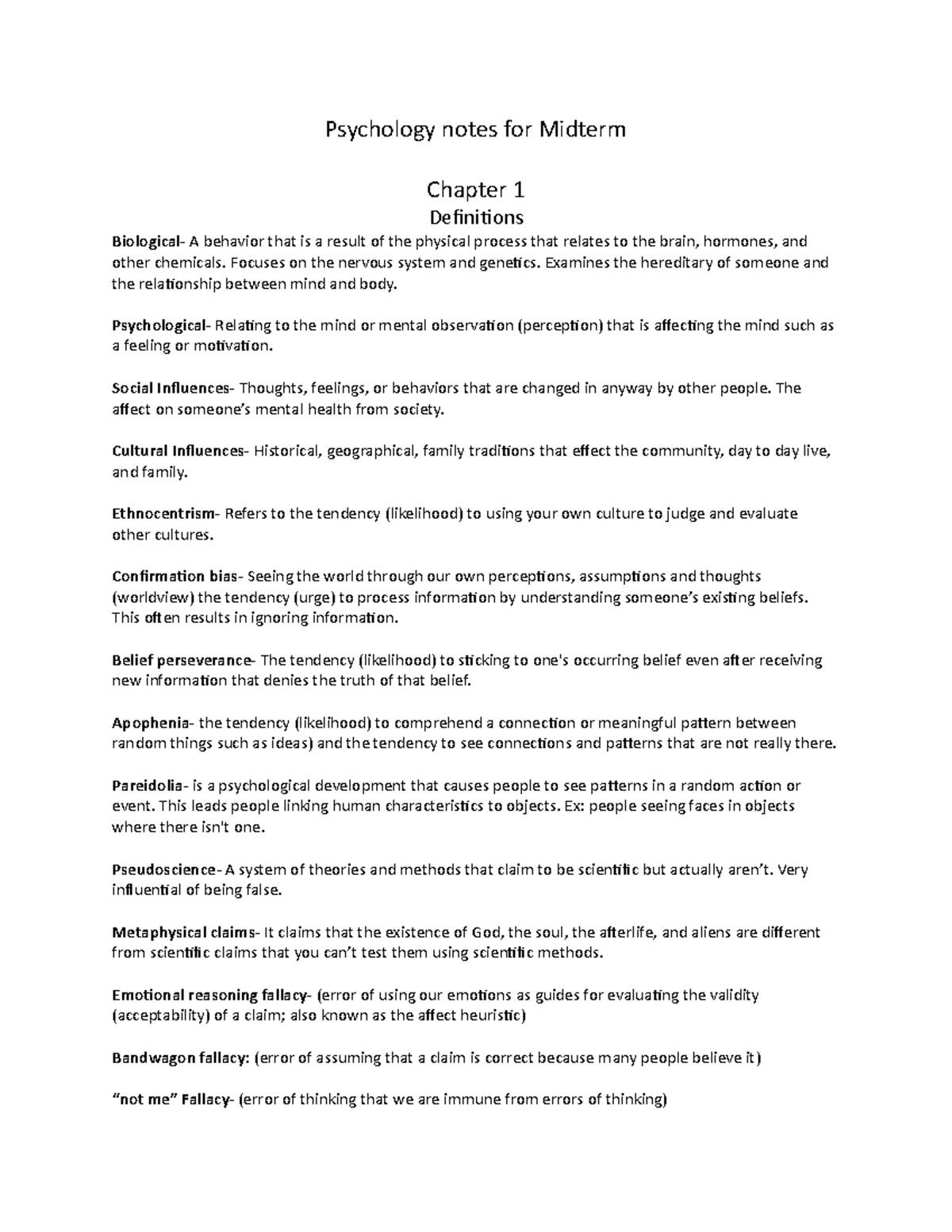 Midterm notes - Psychology notes for Midterm Chapter 1 Definitions ...