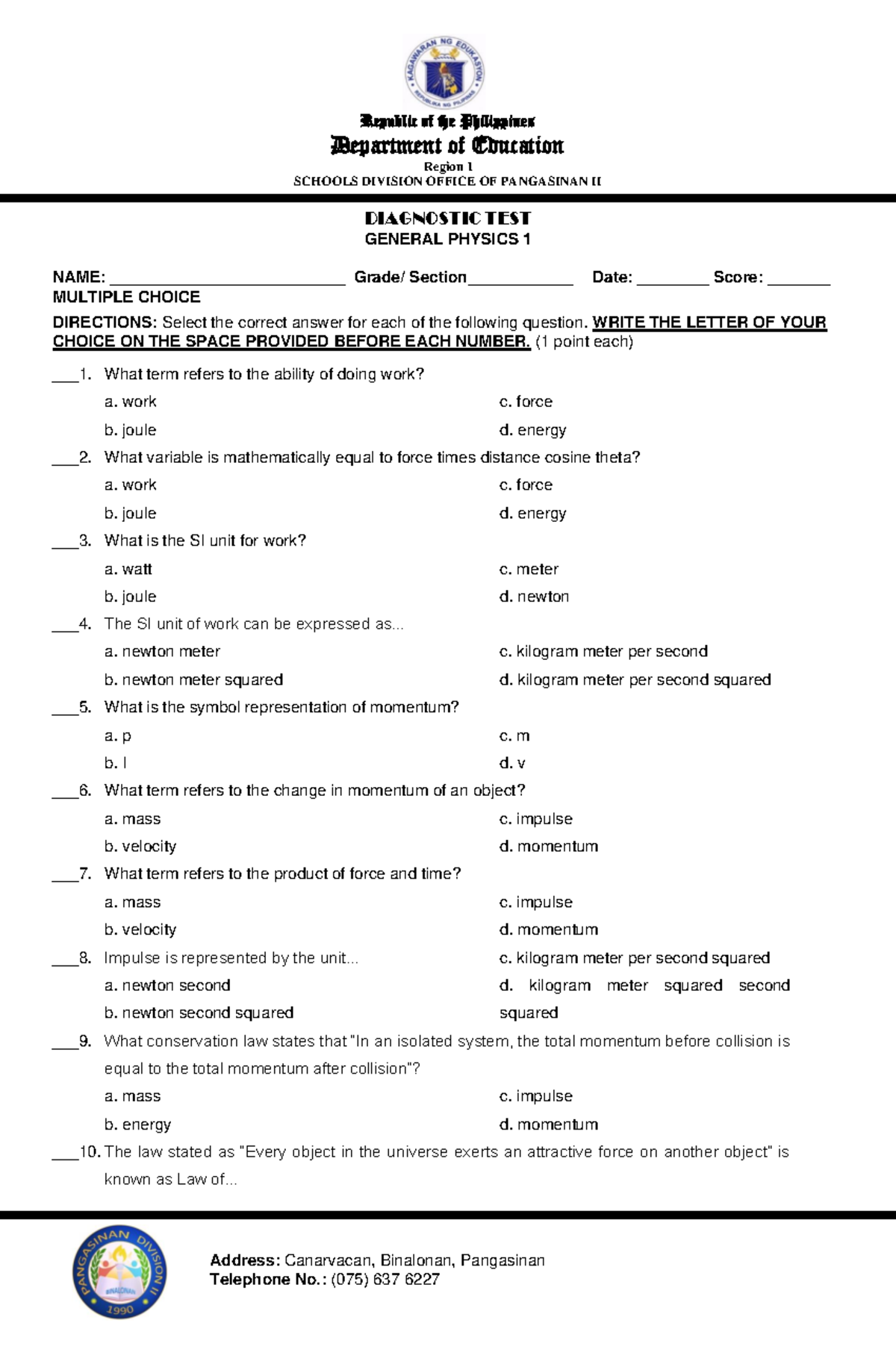 General Physics I - Diagnostic Test - Republic of the Philippines ...