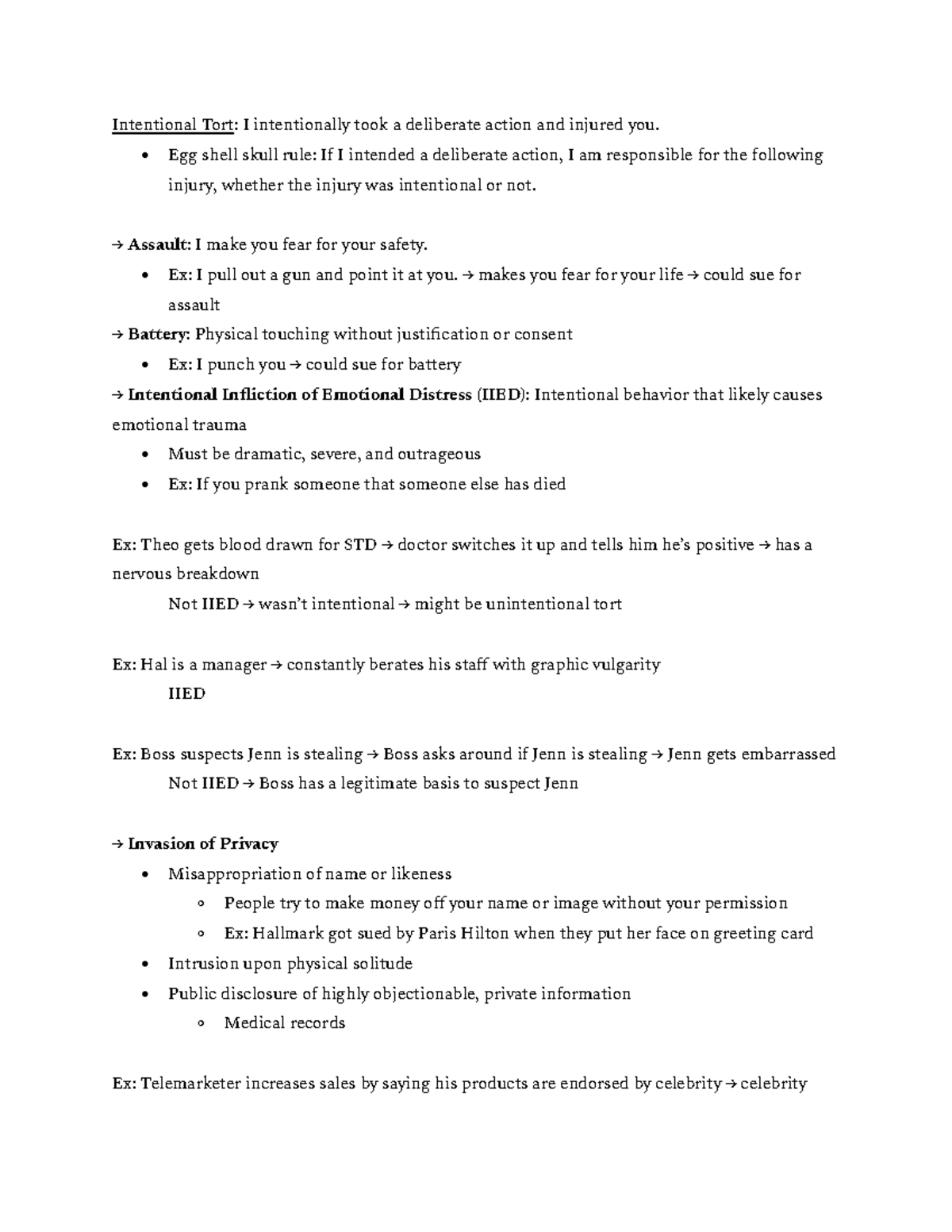 Tort Product Liability Law Lecture Notes Intentional Tort I