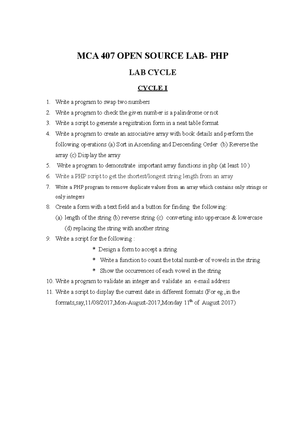 Php lab cycle - MCA 407 OPEN SOURCE LAB- PHP LAB CYCLE CYCLE I Write a ...
