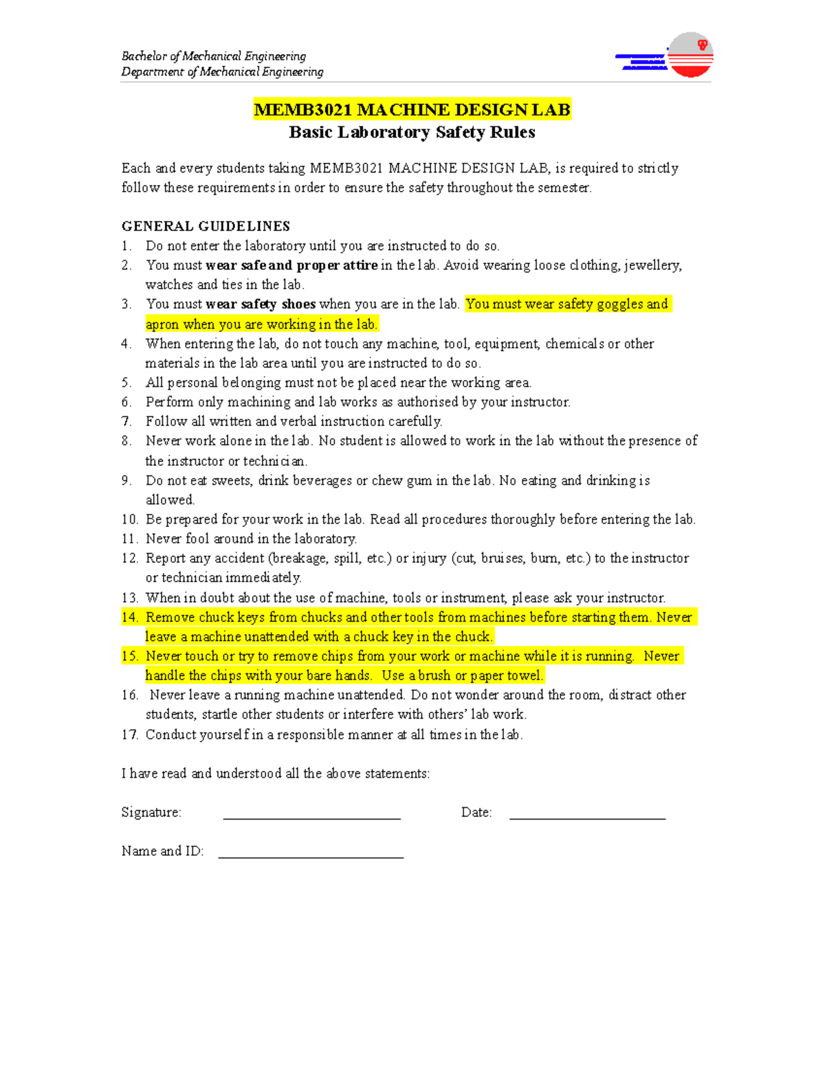 Safety acknowledgement form for ME Labs To be signed by student ...