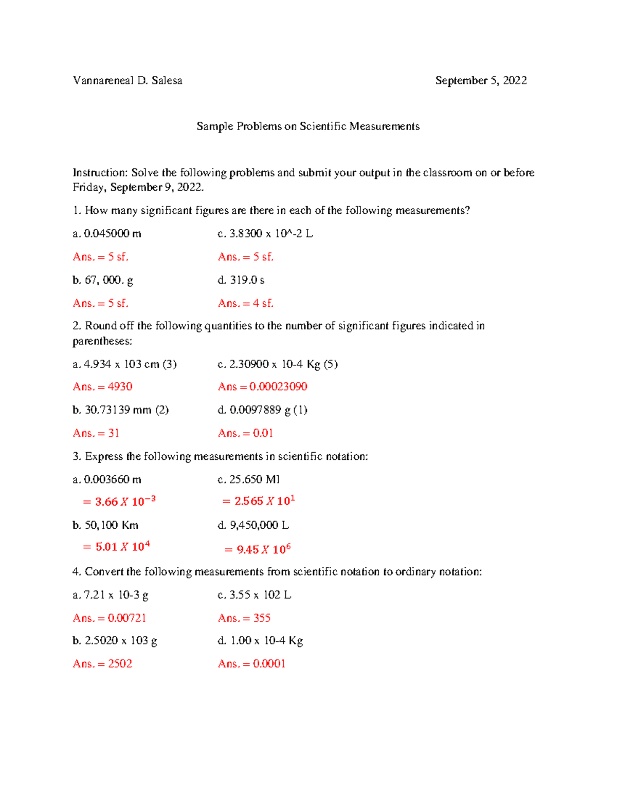 Answer on Sample Problems on Scientific Measurements - Vannareneal D ...