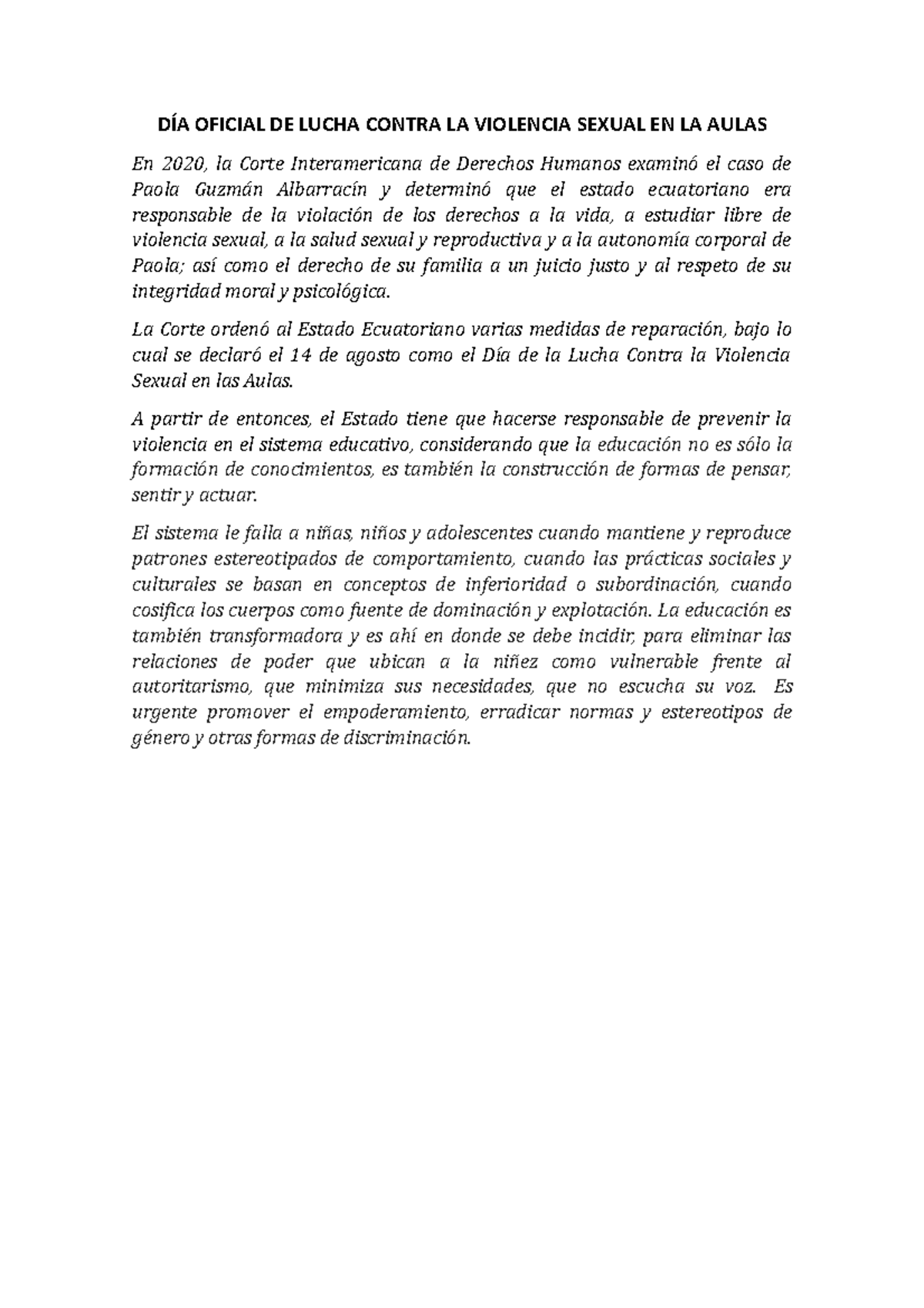 DÍA Oficial DE Lucha Contra LA Violencia Sexual EN LA Aulas - DÍA ...