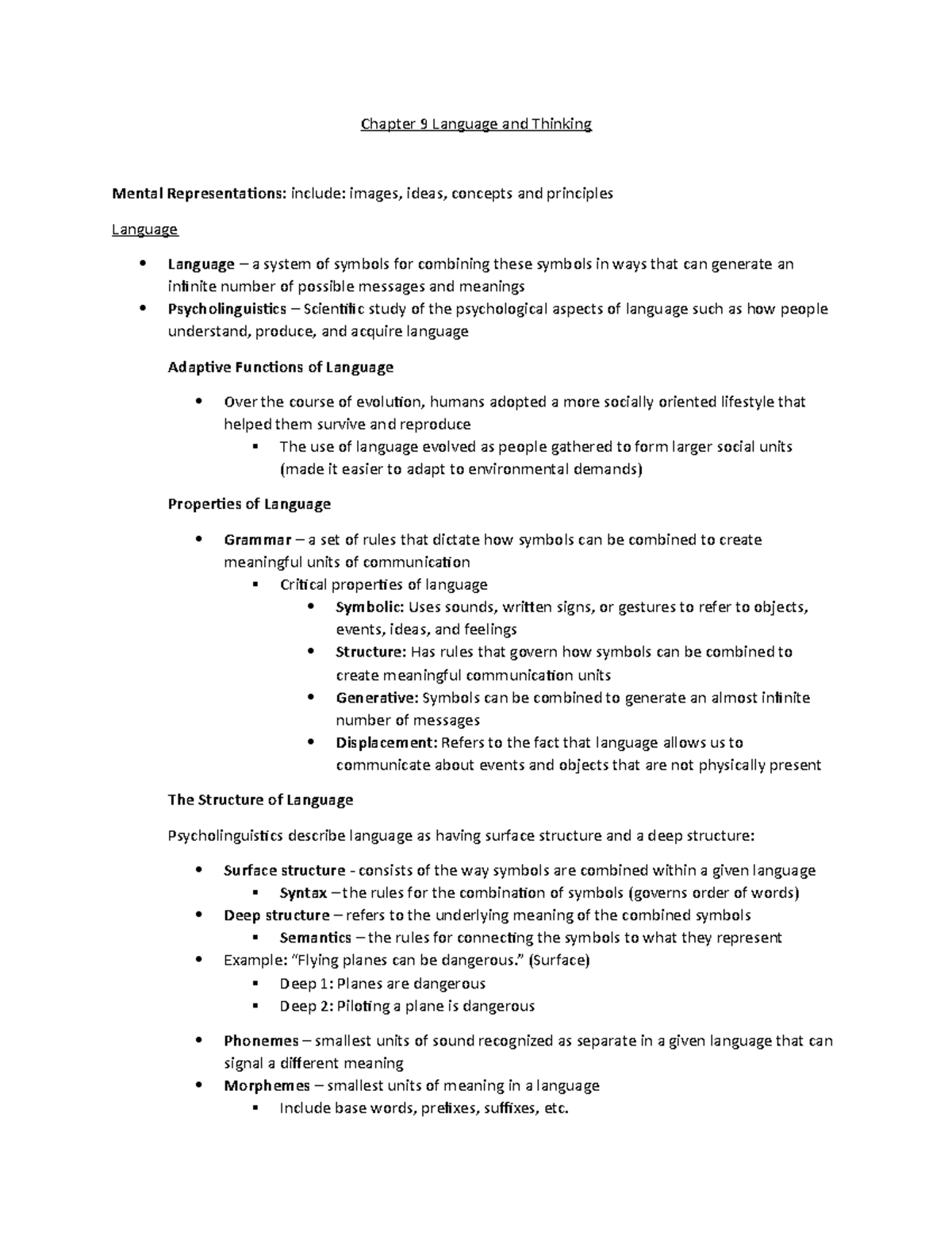 Chapter 9 - Chapter 9 Language and Thinking Mental Representations ...
