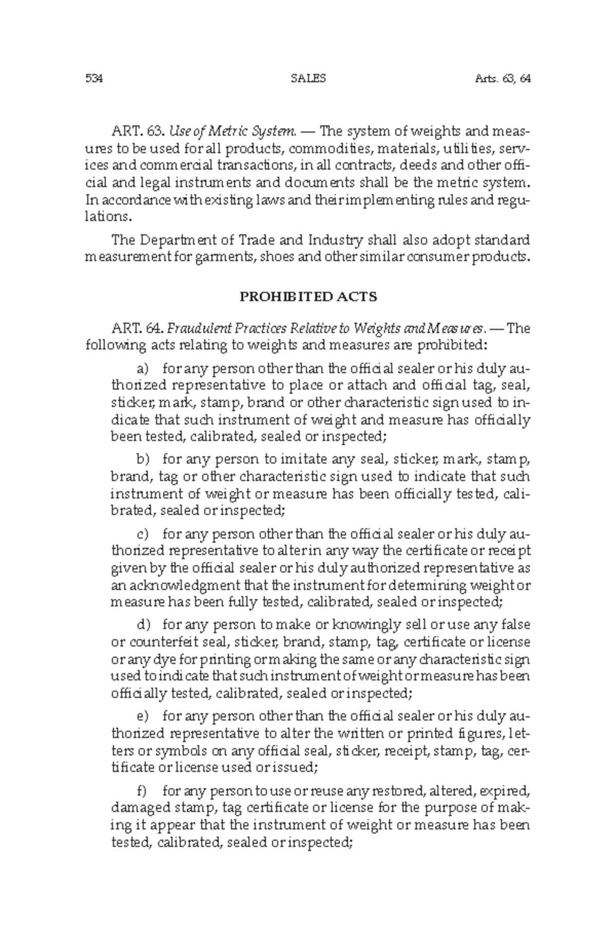 LAW OF Sales BY Hector DE LEON-238 - 534 SALES ART. 63. Use of Metric ...