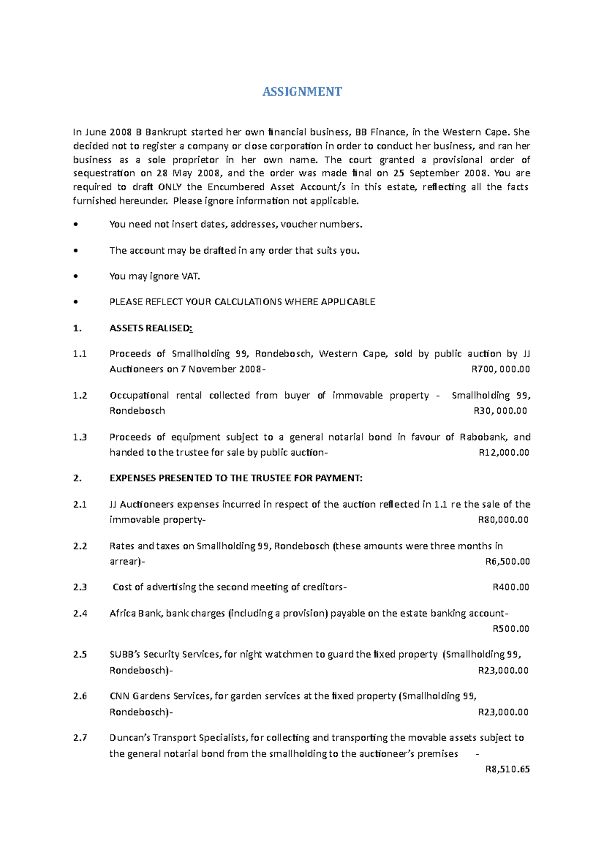 Exam 2015, questions and answers - ASSIGNMENT In June 2008 B Bankrupt ...