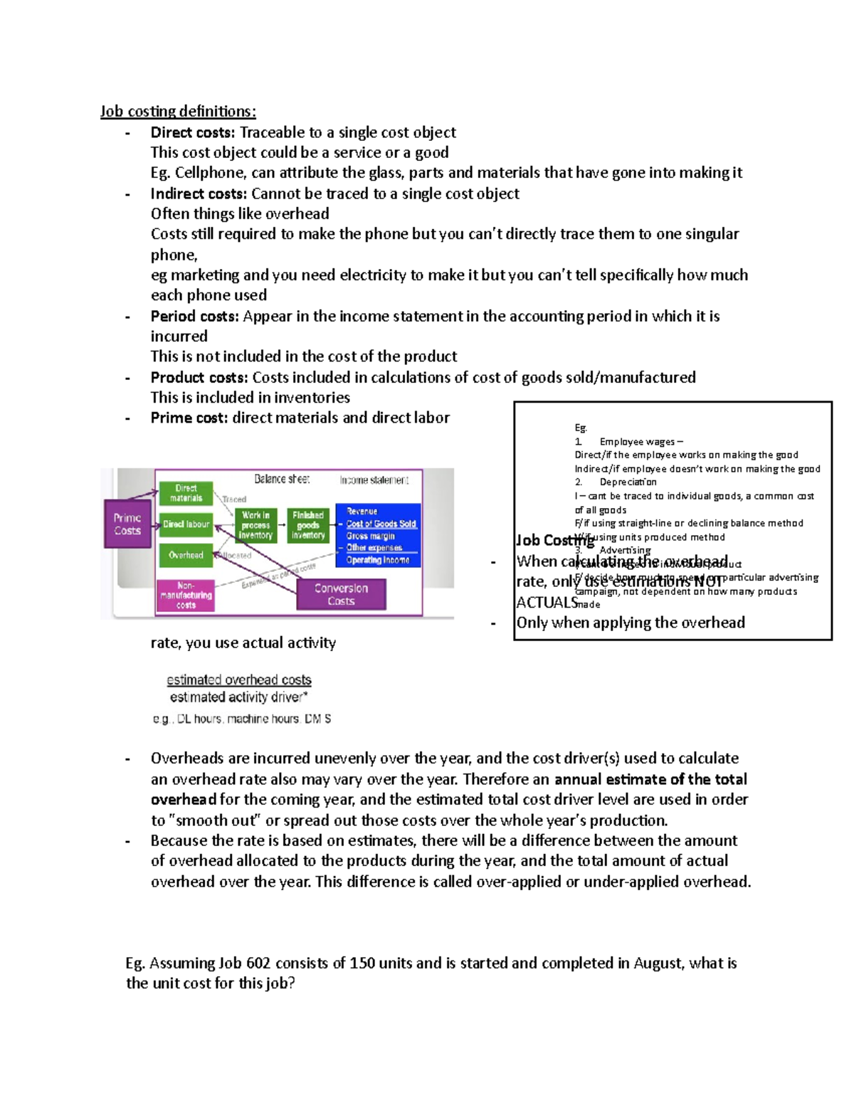 TEST 2 ACCT102 cheat sheet - Job costing definitions: - Direct costs ...