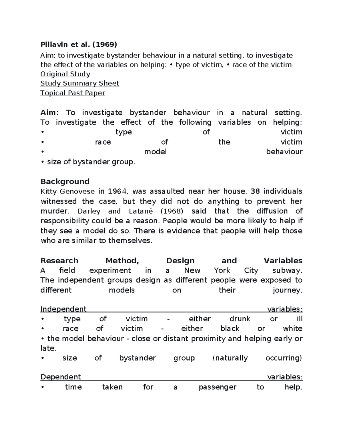 Piliavan AICE Psychology - Piliavin et al. (1969) Aim: to investigate ...