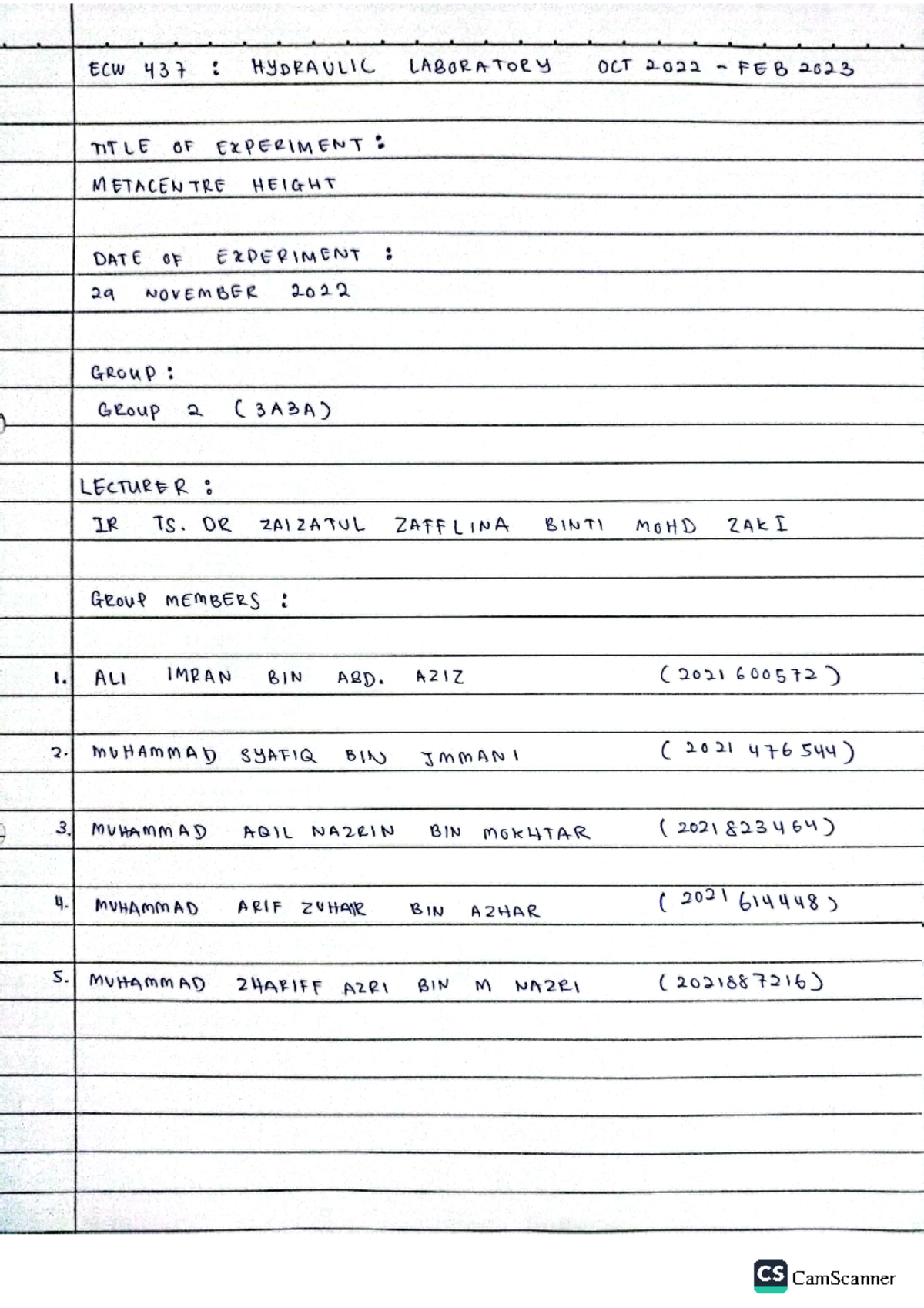 Metacentric height lab report group 2 - Hydraulics Laboratory ...