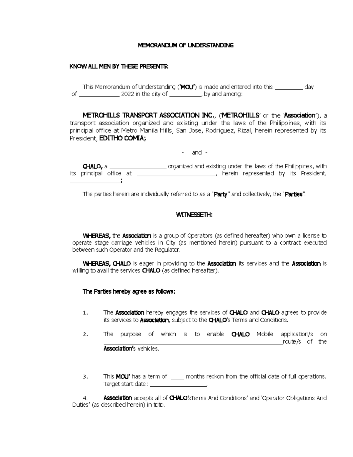 sample Memorandum of Agreement - MEMORANDUM OF UNDERSTANDING KNOW ALL ...