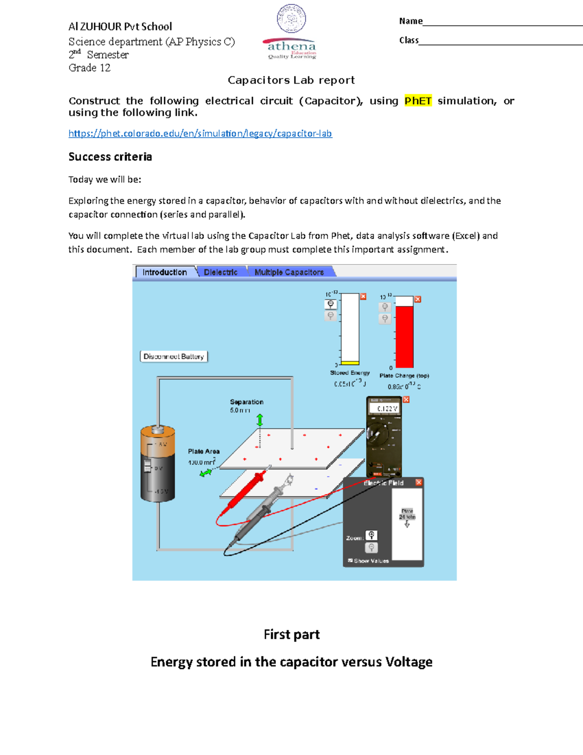 Grade 12 physics lab report Capacitors Al ZUHOUR Pvt School Science department (AP Physics C
