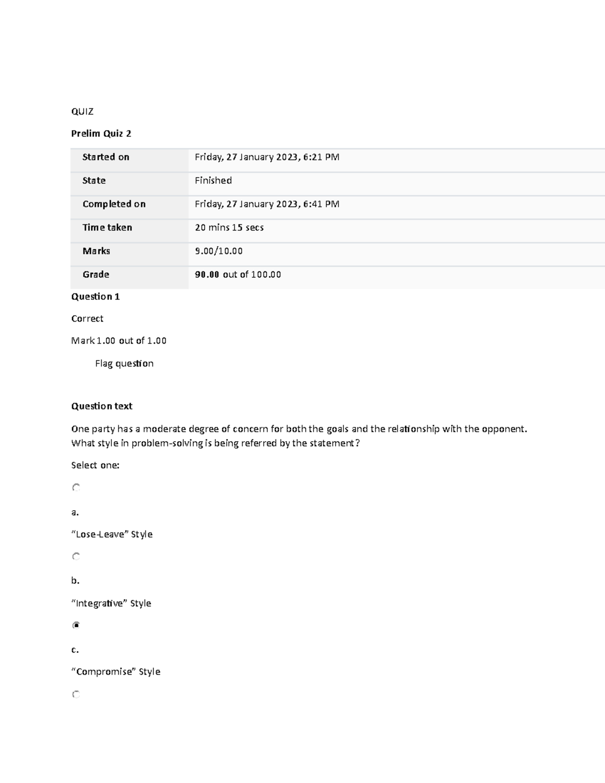 QUIZ - EXAM 2 - QUIZ Prelim Quiz 2 Started On Friday, 27 January 2023 ...