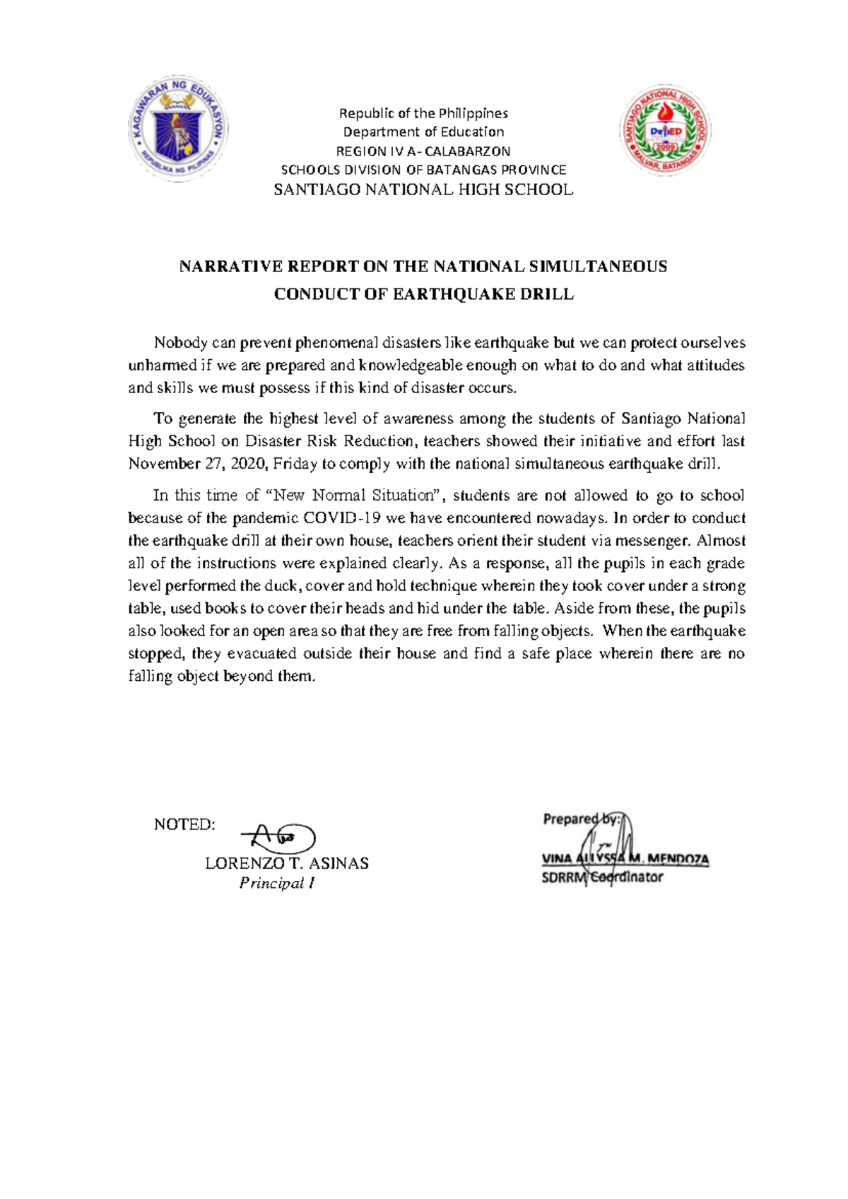 SNHS Narrative ReportONTHE ConductOF Earthquake Drill